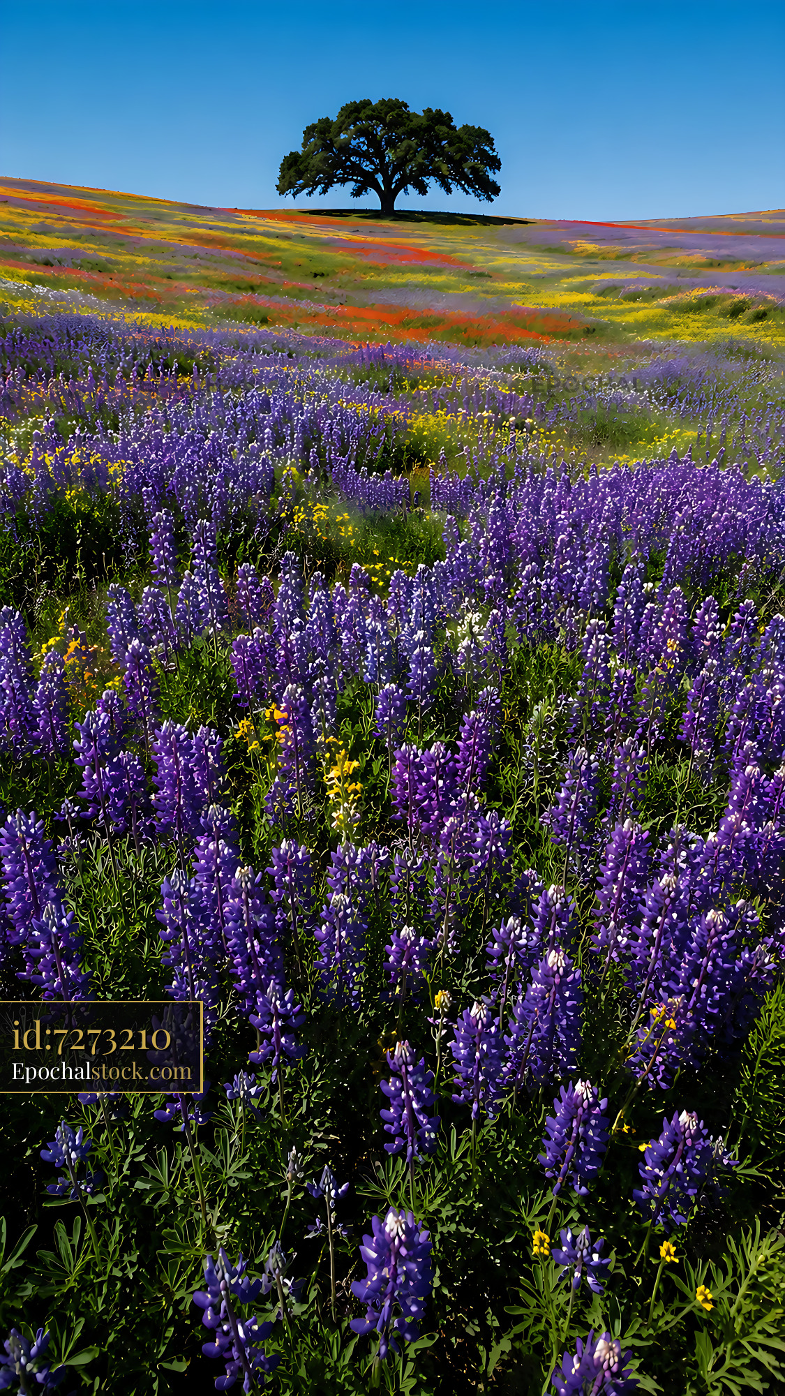 Watermarked full-resolution preview of Vibrant field of purple flowers under a clear blue sky