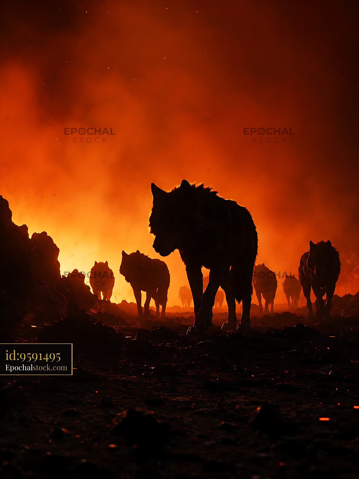 Wolves Walk Through Smoke and Fire in Dark Landscape at Dusk - stock photo