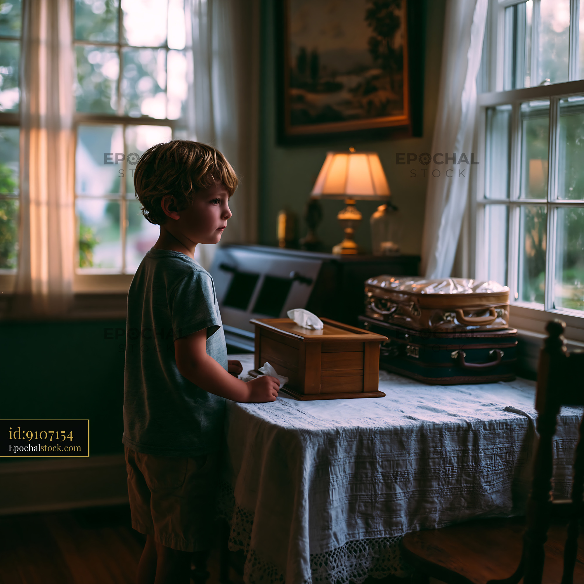 Watermarked full-resolution preview of Boy standing at a table with a tissue box in a cozy room