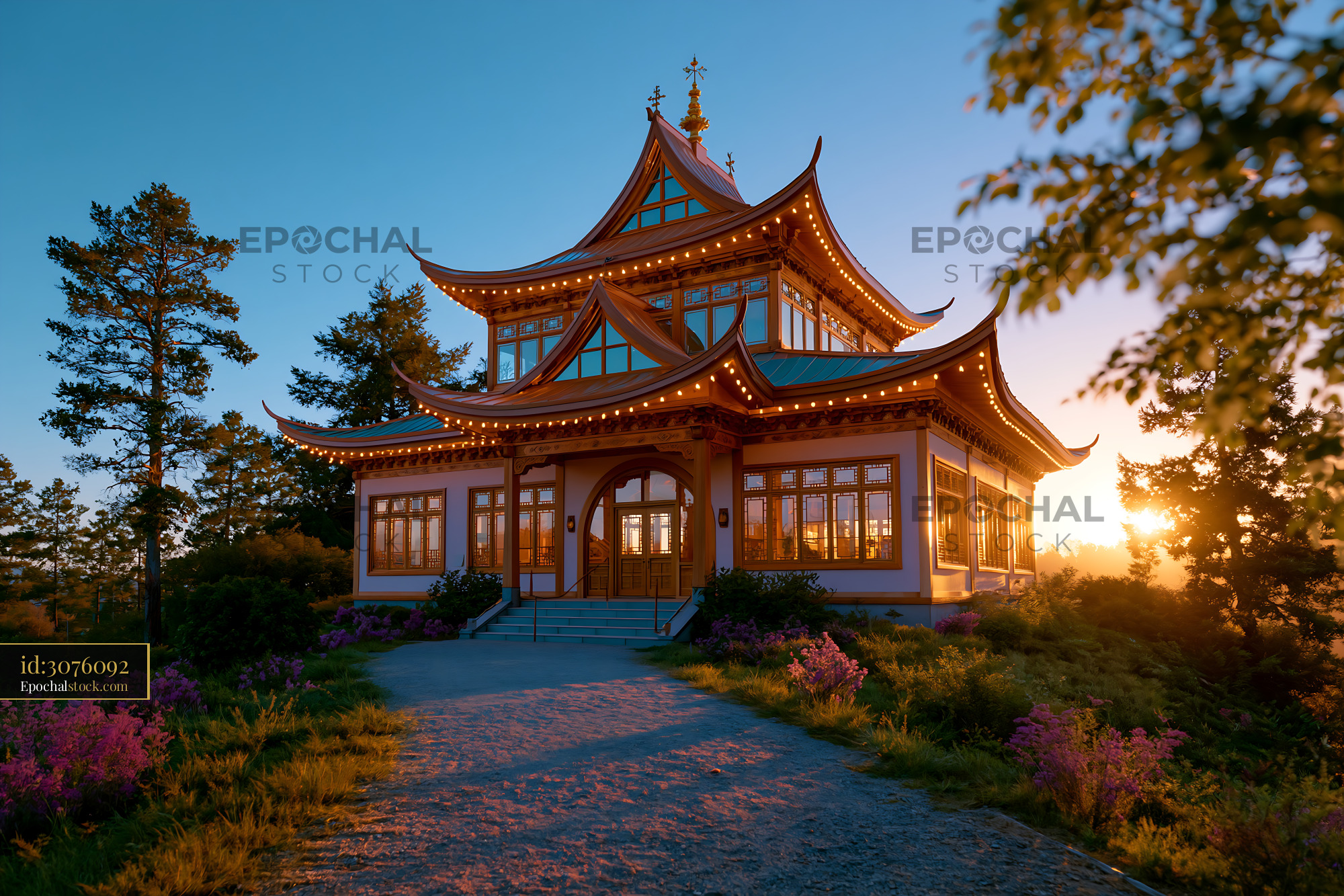 Watermarked full-resolution preview of Sunset view of a traditional building with illumination in the woods