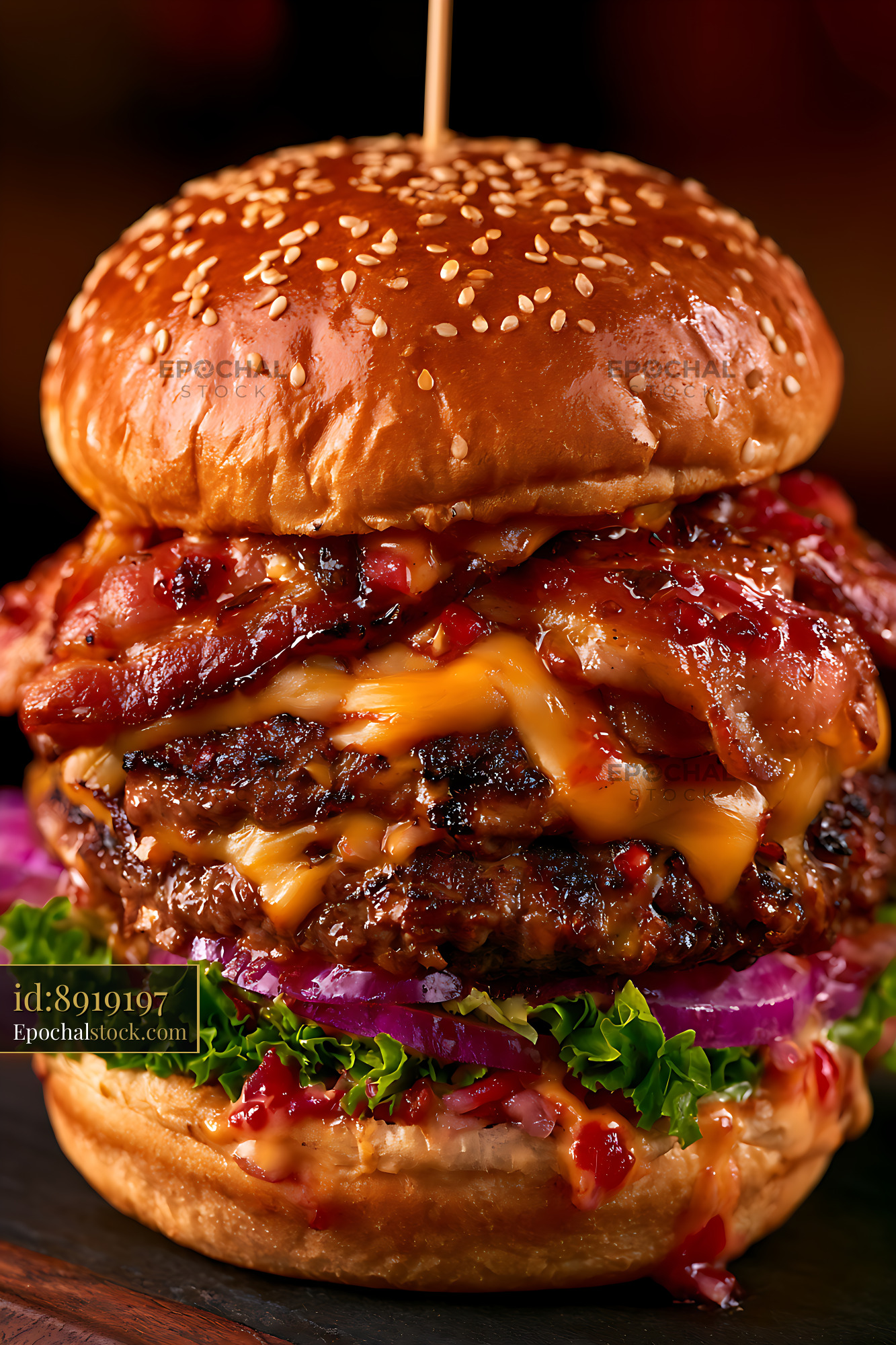 Watermarked full-resolution preview of Bacon burger with layers of cheese and vegetables on a wooden board