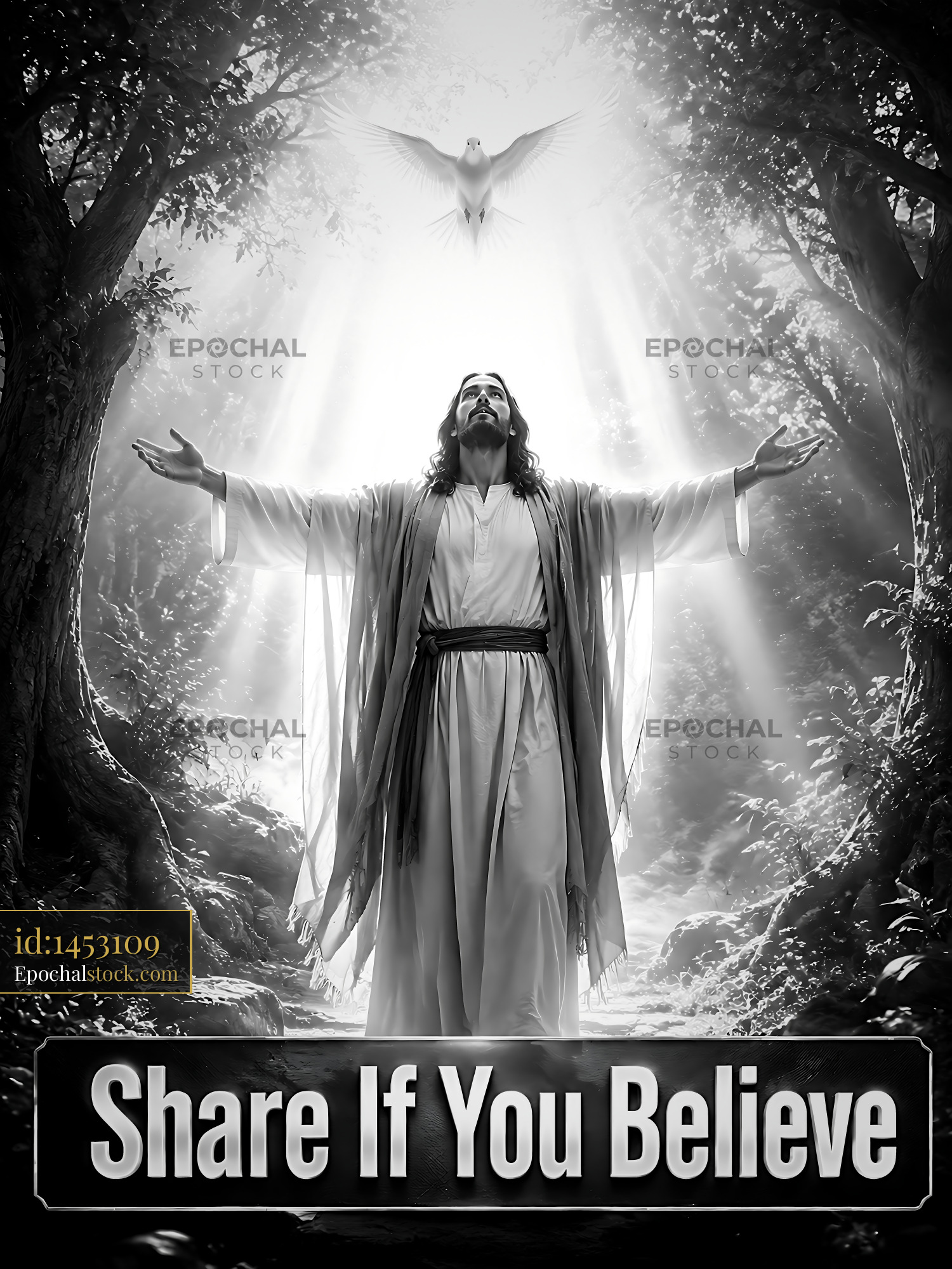 Watermarked full-resolution preview of Jesus with open arms in a forest setting