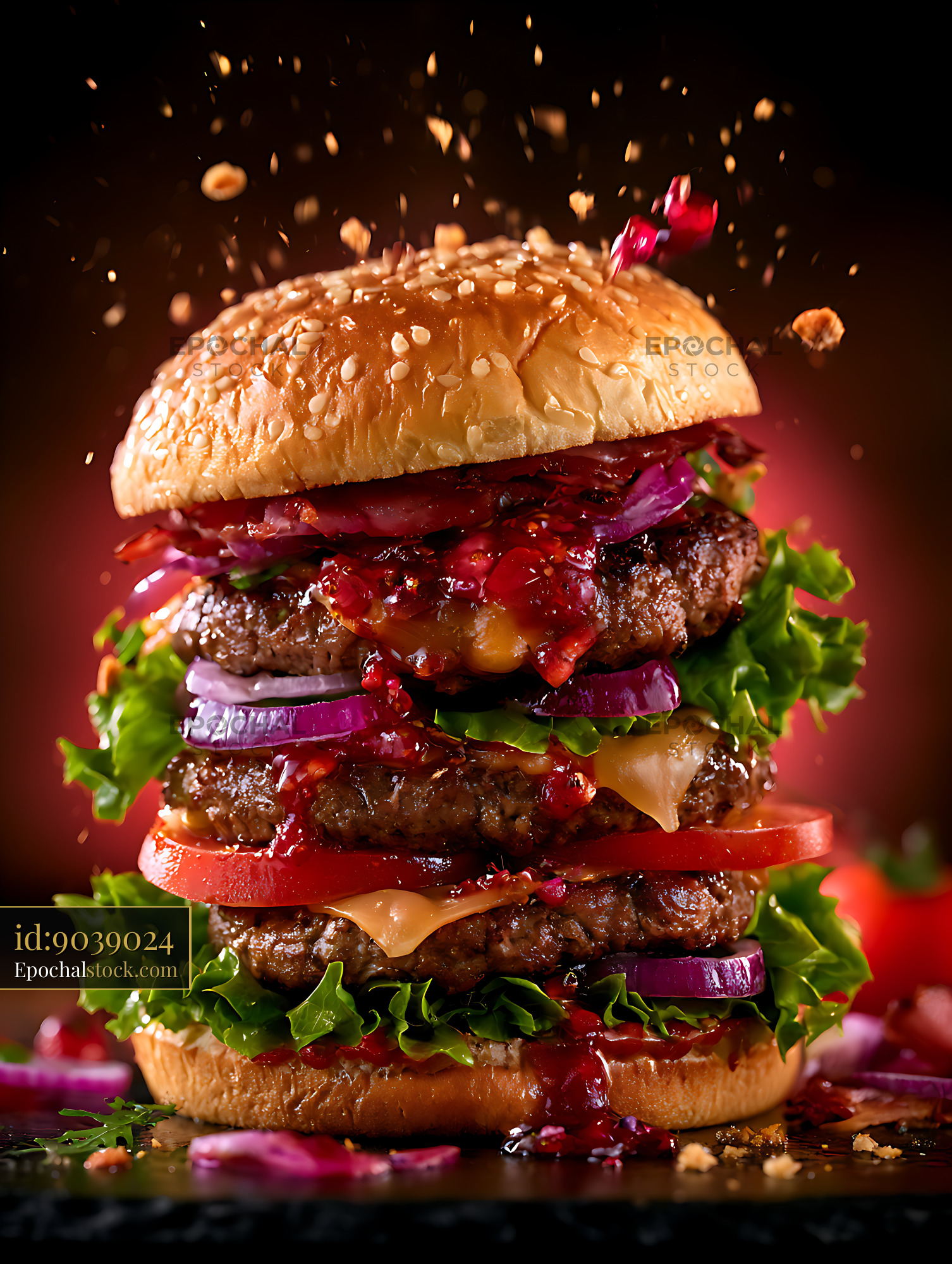 Watermarked full-resolution preview of Stacked double cheeseburger with fresh toppings