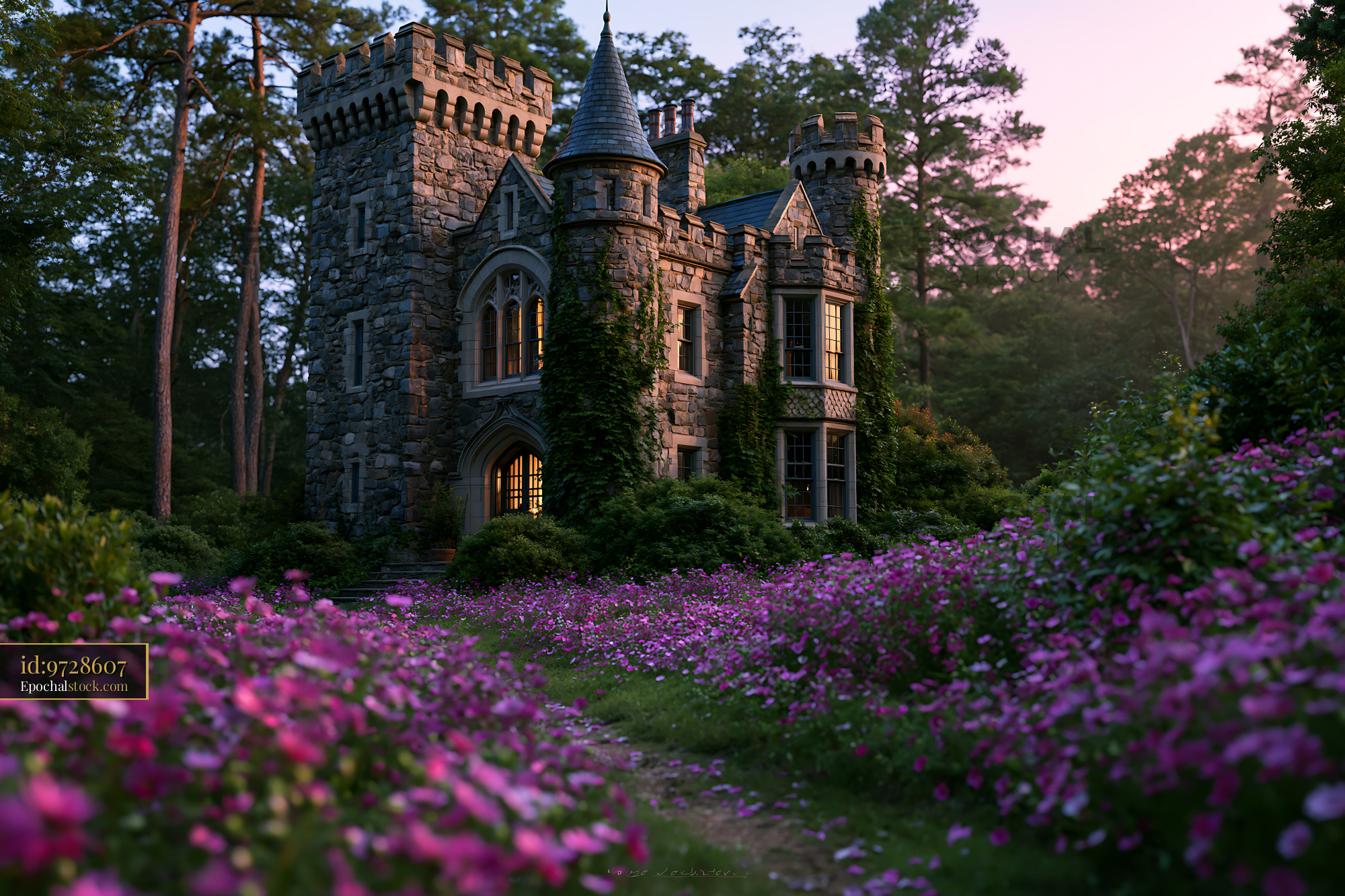Watermarked full-resolution preview of Old stone castle surrounded by blooming flowers at sunset