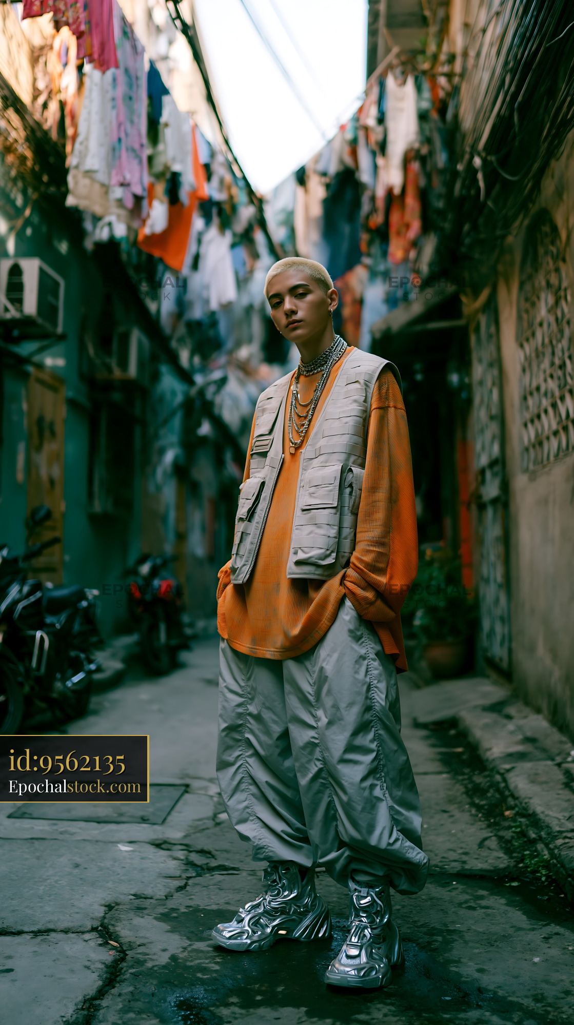 Watermarked full-resolution preview of Young person stands in an alley with hanging clothes and bikes