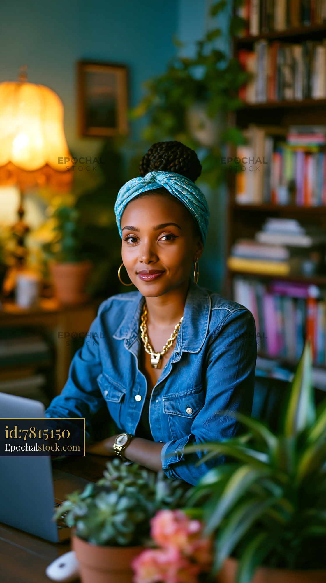 Watermarked full-resolution preview of Woman sitting at a desk with a laptop in a cozy indoor setting