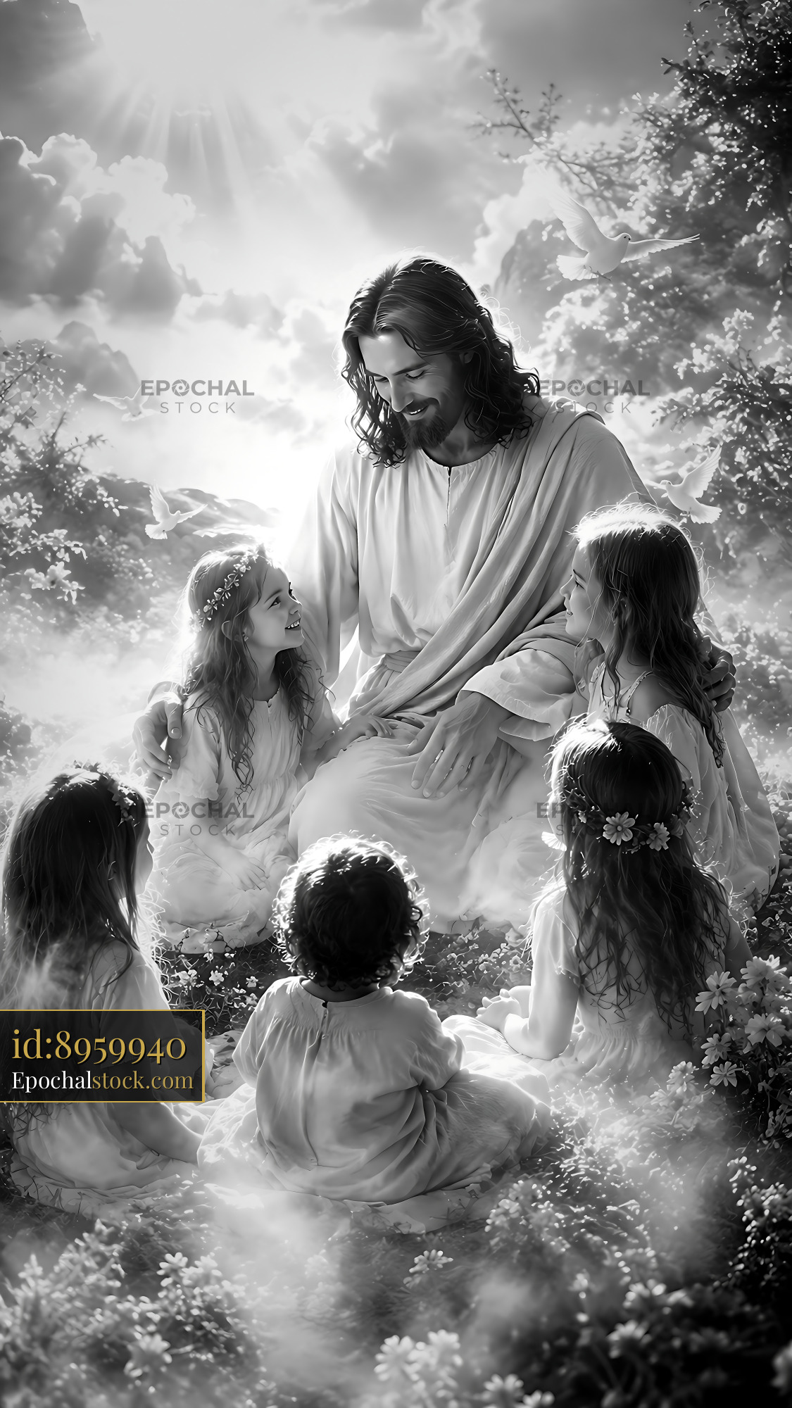 Watermarked full-resolution preview of Jesus surrounded by children in a serene outdoor setting