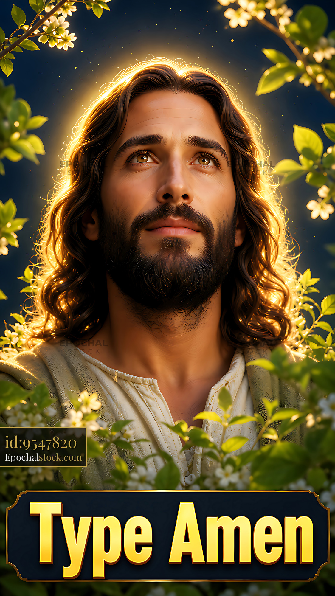 Watermarked full-resolution preview of Man with long hair looking upward surrounded by flowers