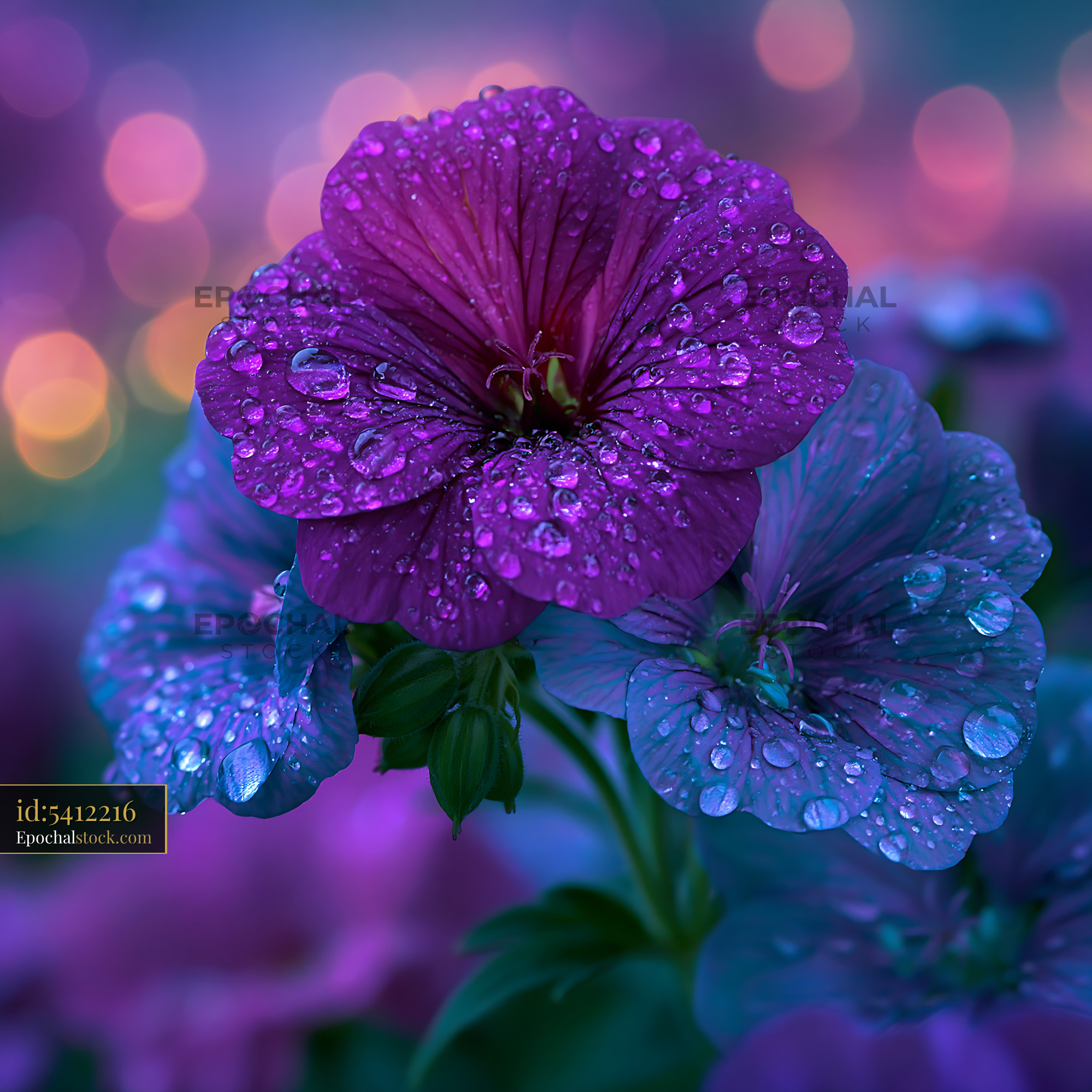 Purple Flower Covered in Water Droplets Glistens at Dusk - stock photo