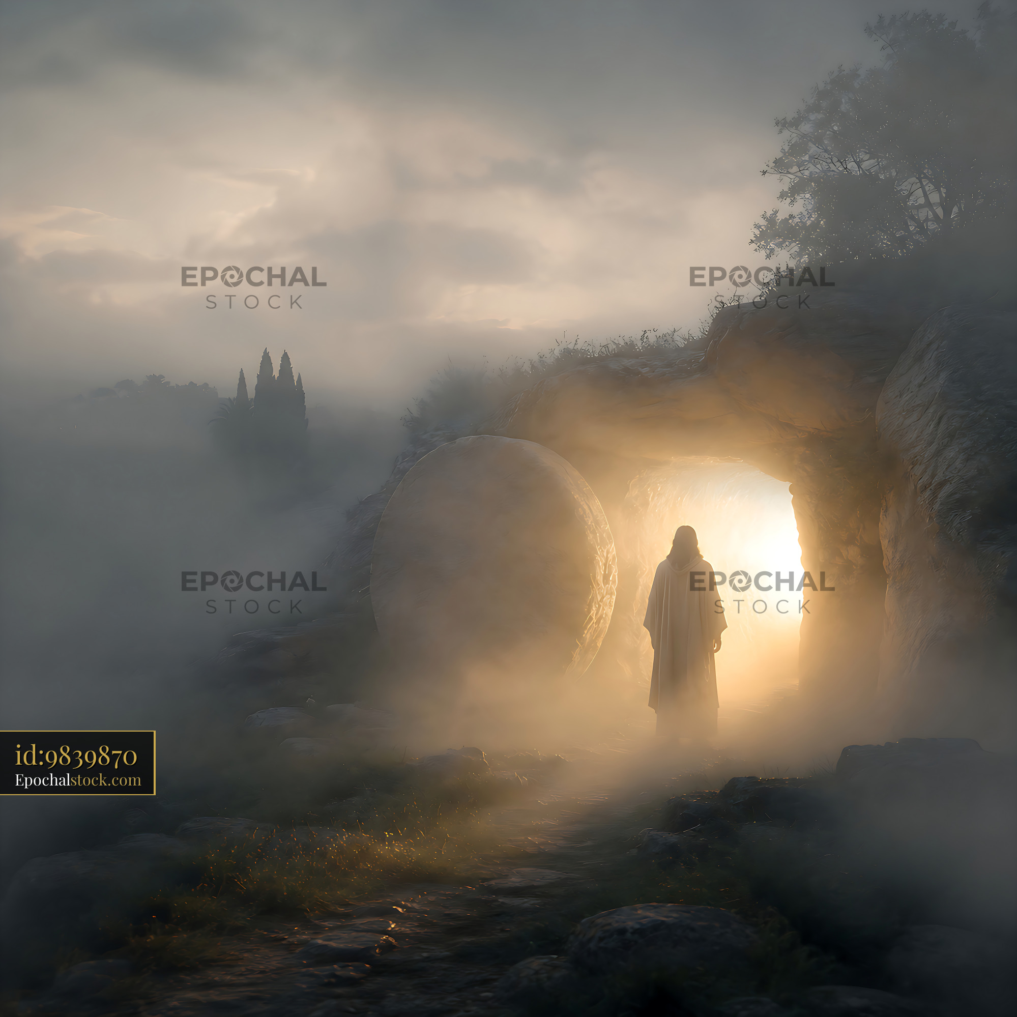 Watermarked full-resolution preview of Mystical figure walking from a cave in foggy landscape