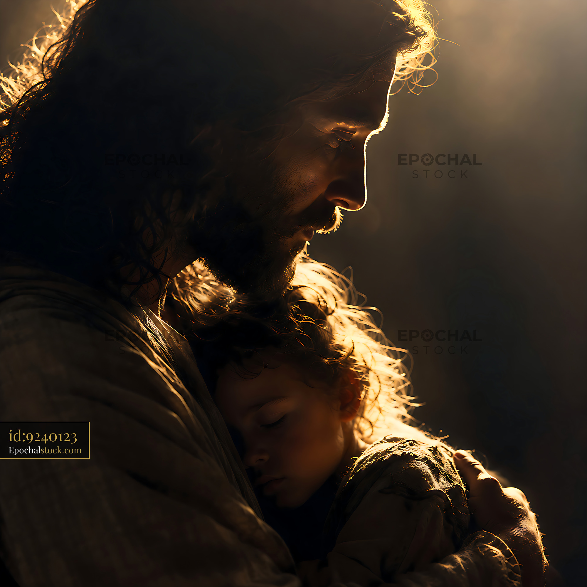 Man Holds Child in Warm Light During Emotional Moment - stock photo