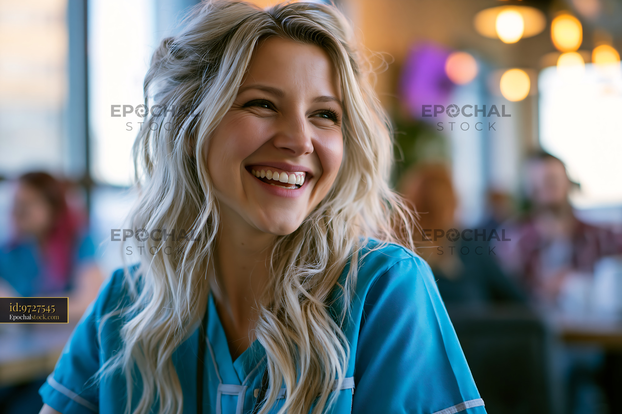 Watermarked full-resolution preview of Woman smiling in a cafe with people in the background