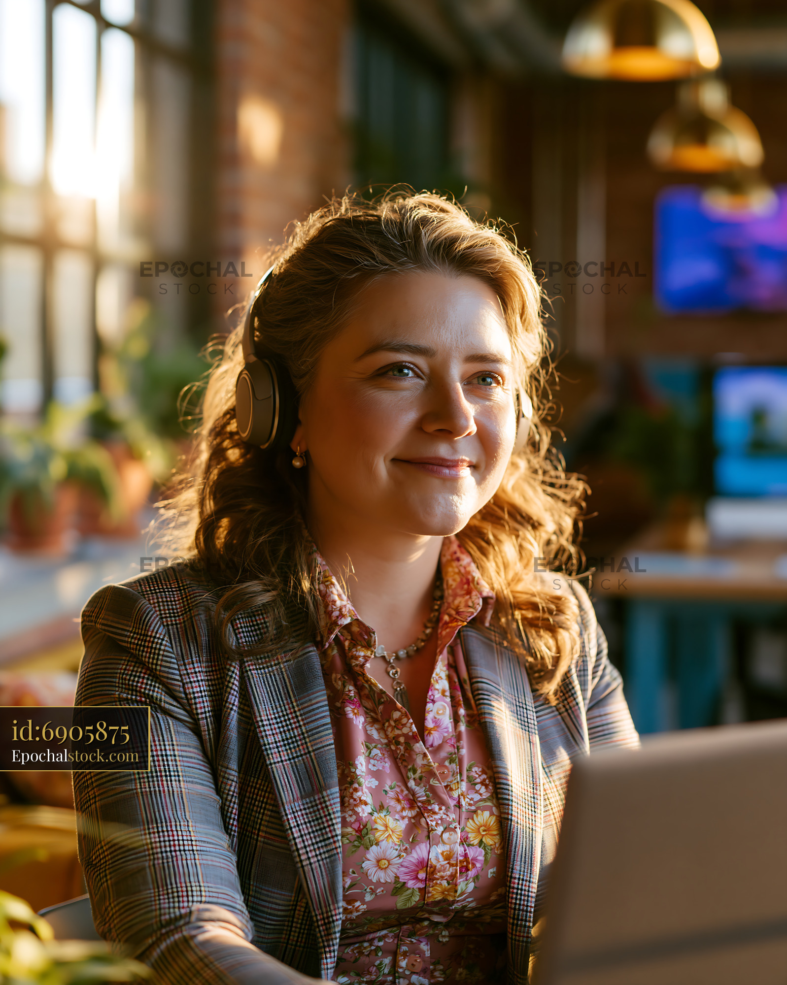 Watermarked full-resolution preview of Woman working in an office during sunset with headphones on