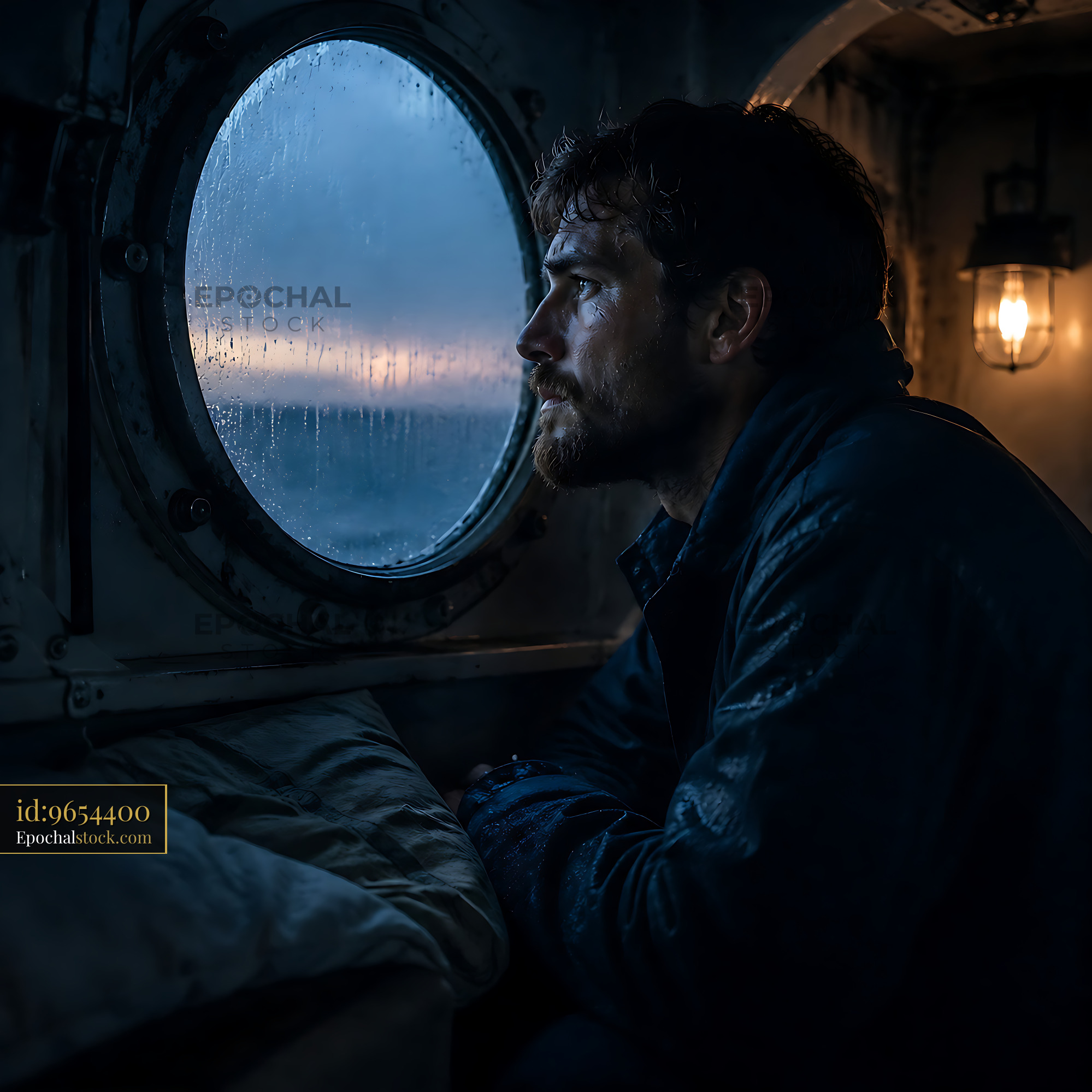 Watermarked full-resolution preview of Man looking out a round window during twilight from inside a boat