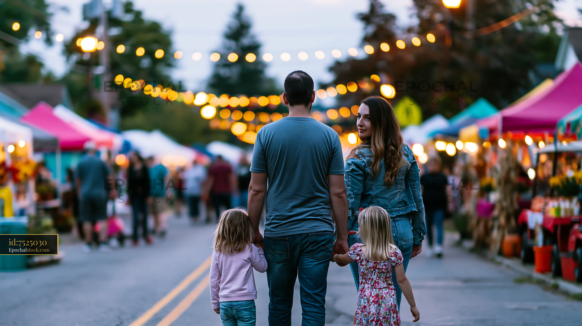 Watermarked full-resolution preview of Family strolls through an evening market with stalls and lights