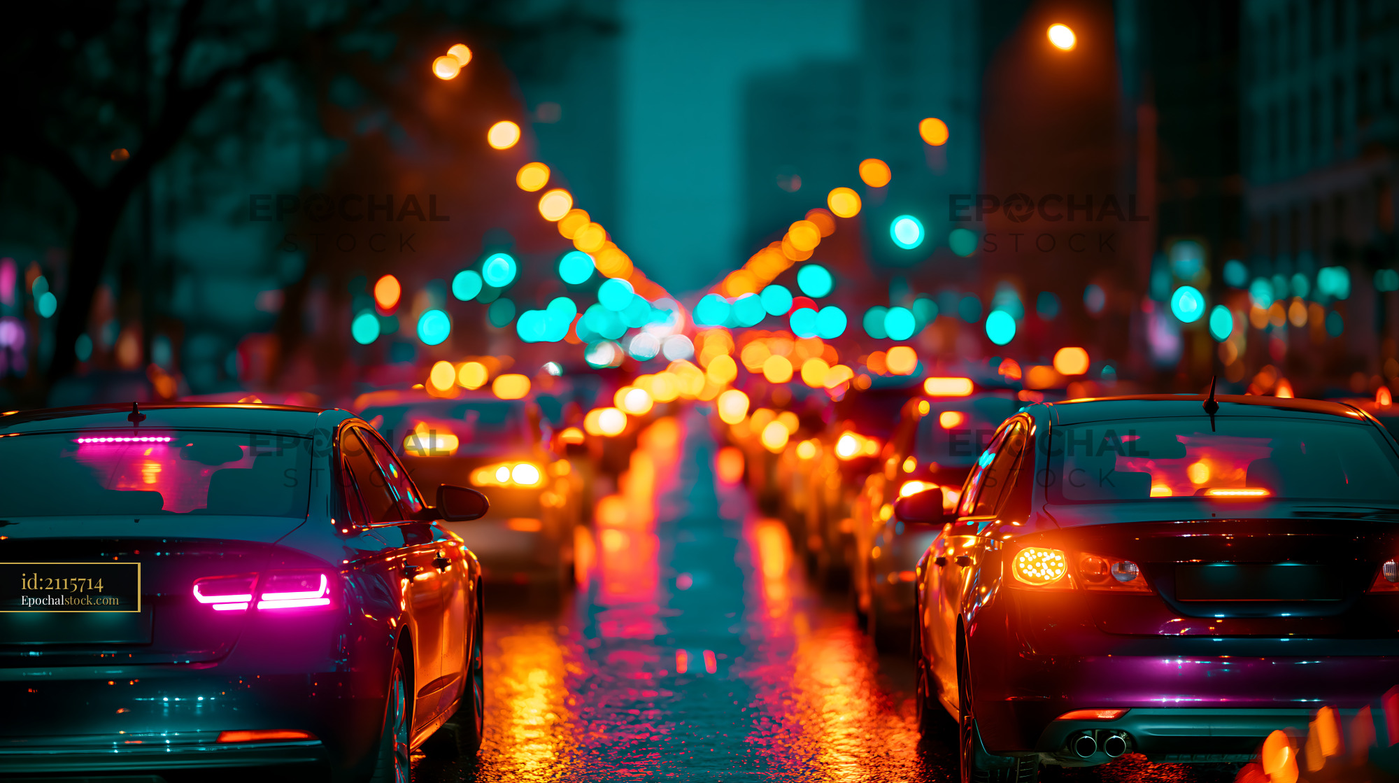 Watermarked full-resolution preview of City street at night with moving cars and glowing lights