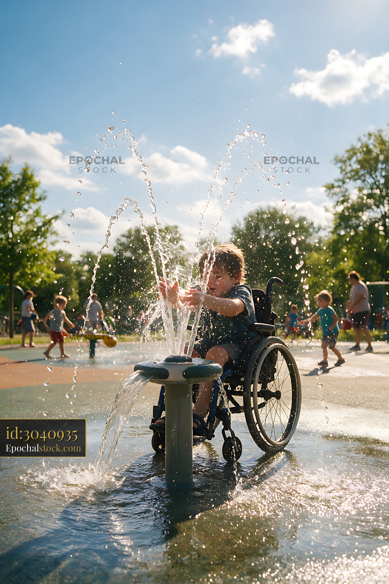 Watermarked full-resolution preview of Wheelchair user enjoying water play outdoors
