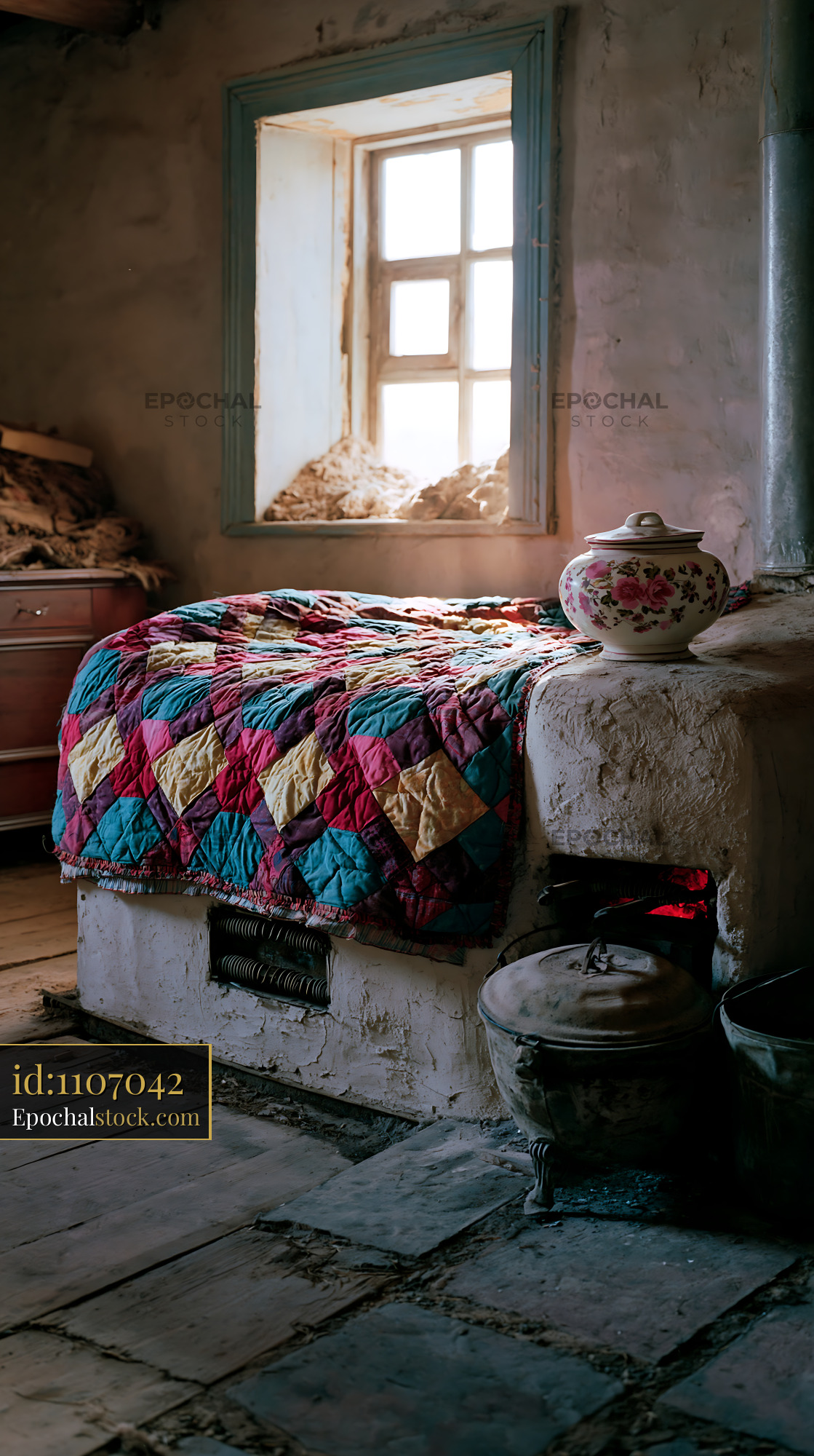 Watermarked full-resolution preview of Cozy interior of a rustic room with a bed and warm light