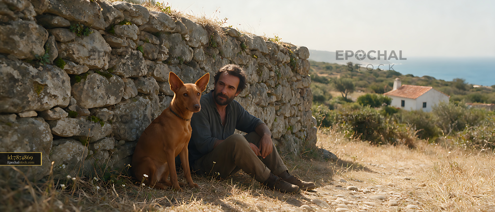 Watermarked full-resolution preview of Owner and unusual dog relaxing beside a stone wall