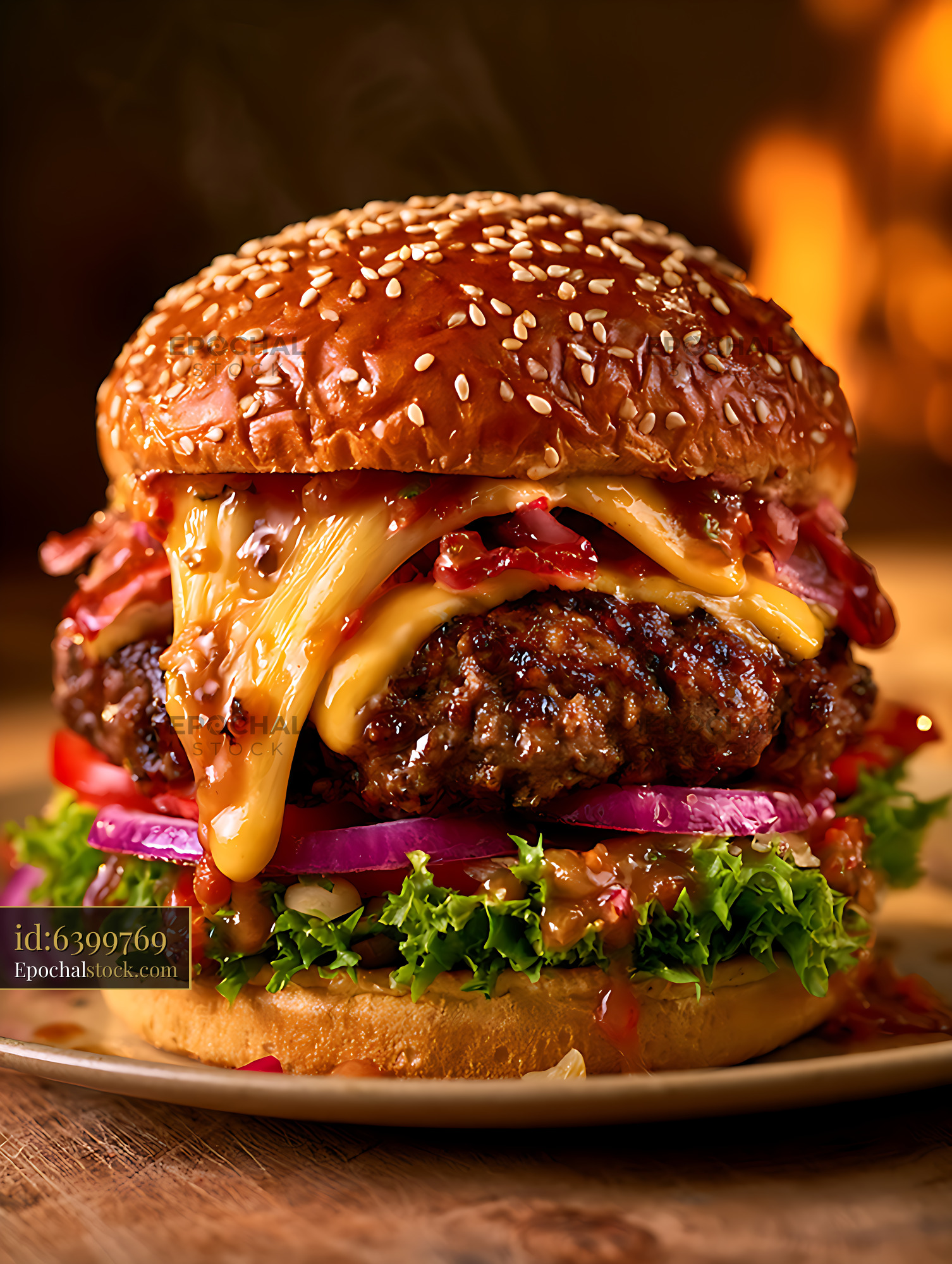 Watermarked full-resolution preview of Close-up gourmet cheeseburger with fresh toppings