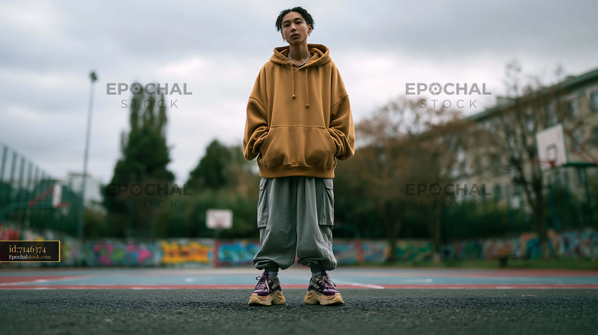 Watermarked full-resolution preview of Young person standing on outdoor basketball court