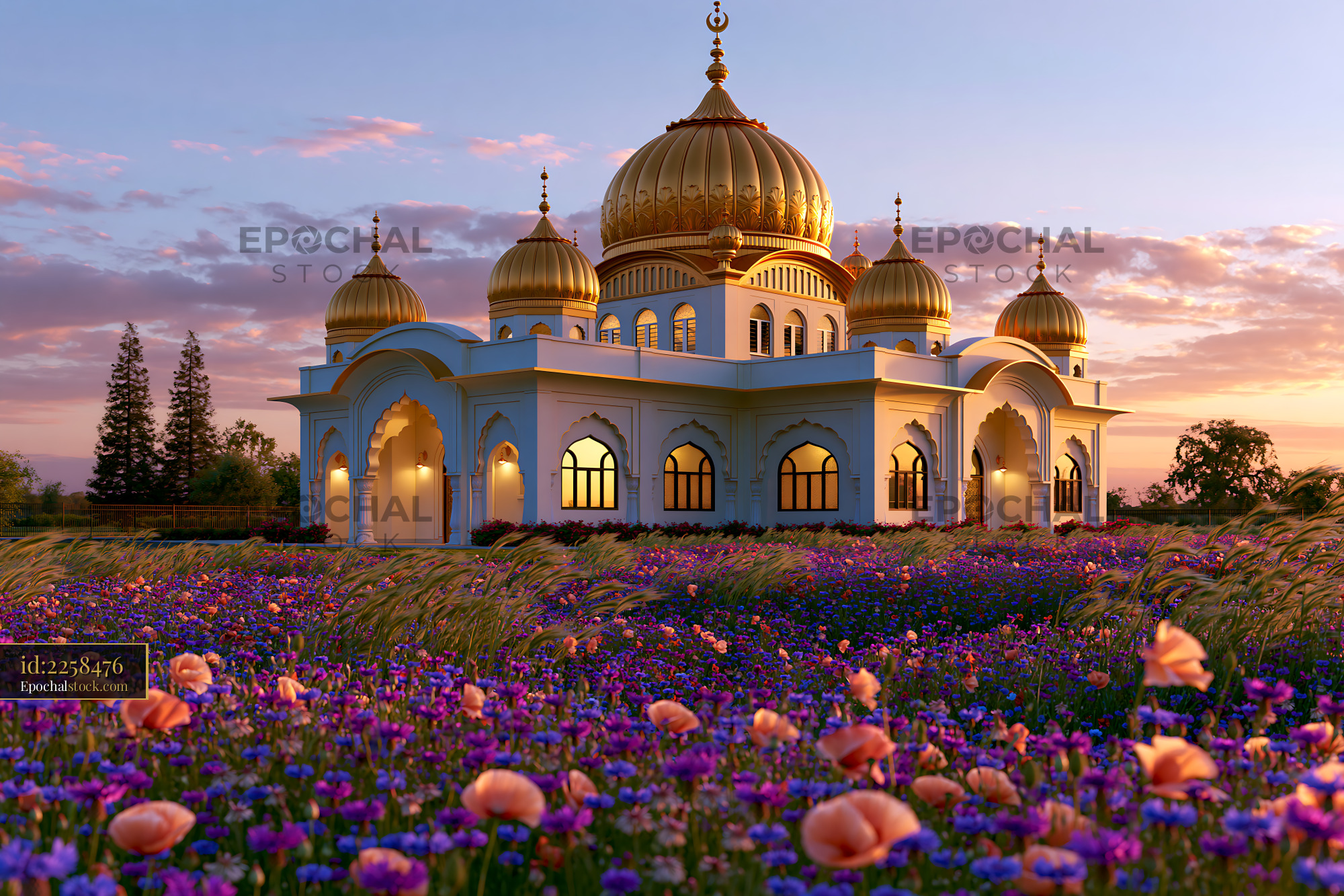 Watermarked full-resolution preview of Colorful flowers surround a large building with domes at sunset