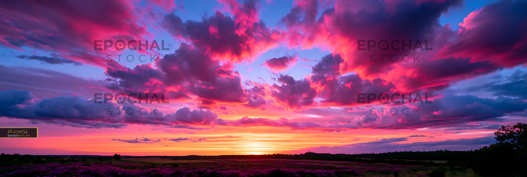 Watermarked full-resolution preview of Colorful Panoramic Sunset and Cloudscape Over Countryside