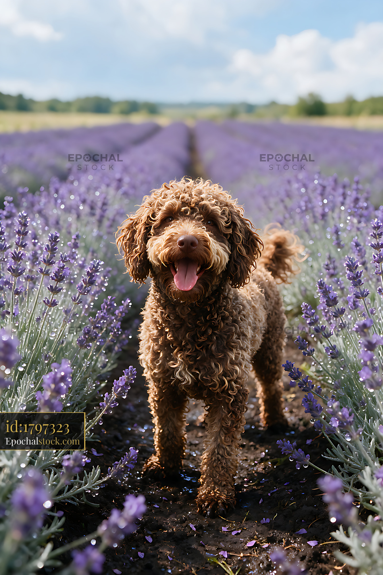 Watermarked full-resolution preview of Happy curly-haired dog among purple field flowers