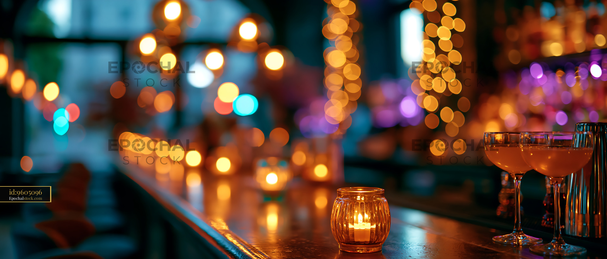 Bar Scene With Cocktails and Warm Lights During Evening Hours - stock photo