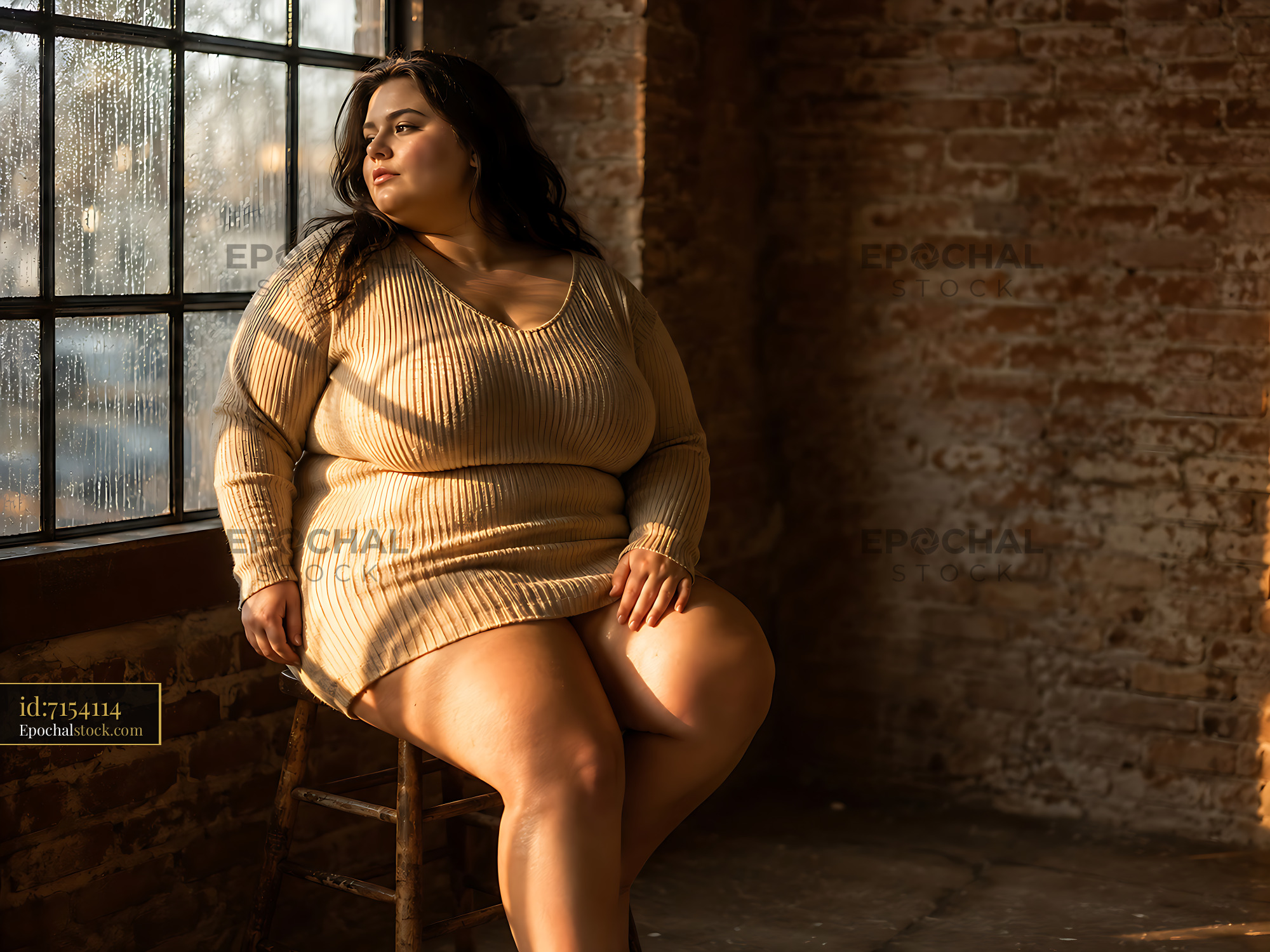 Watermarked full-resolution preview of Woman sitting by large window in an old brick building