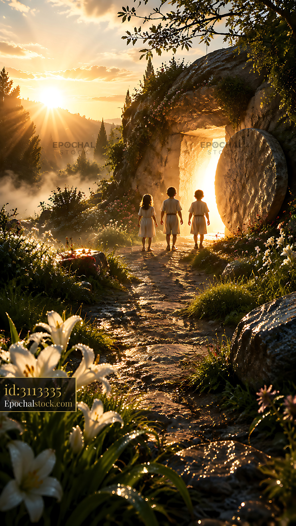 Children Walk Towards Light Near the Stone Door at Sunset - stock photo
