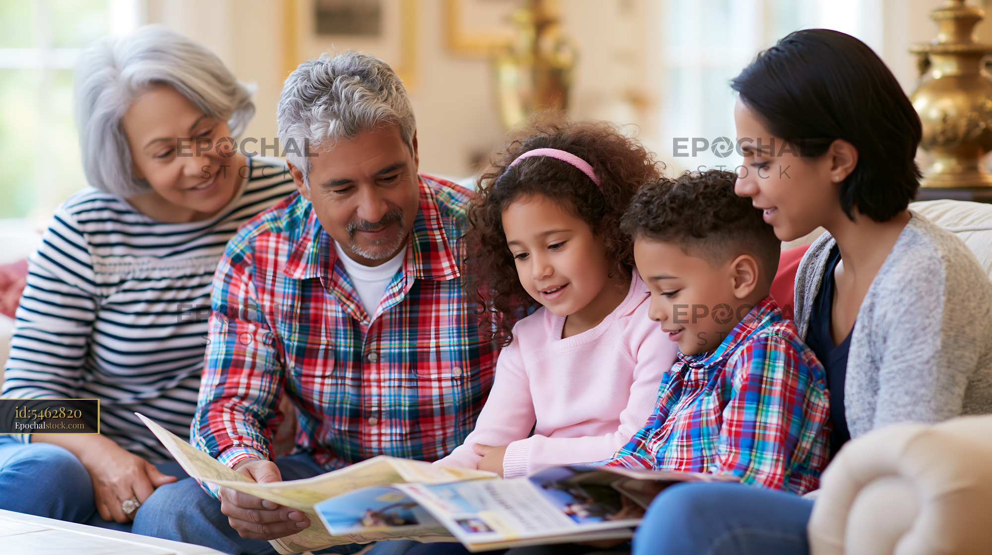 Watermarked full-resolution preview of A family gathers in a well-lit living room to share stories