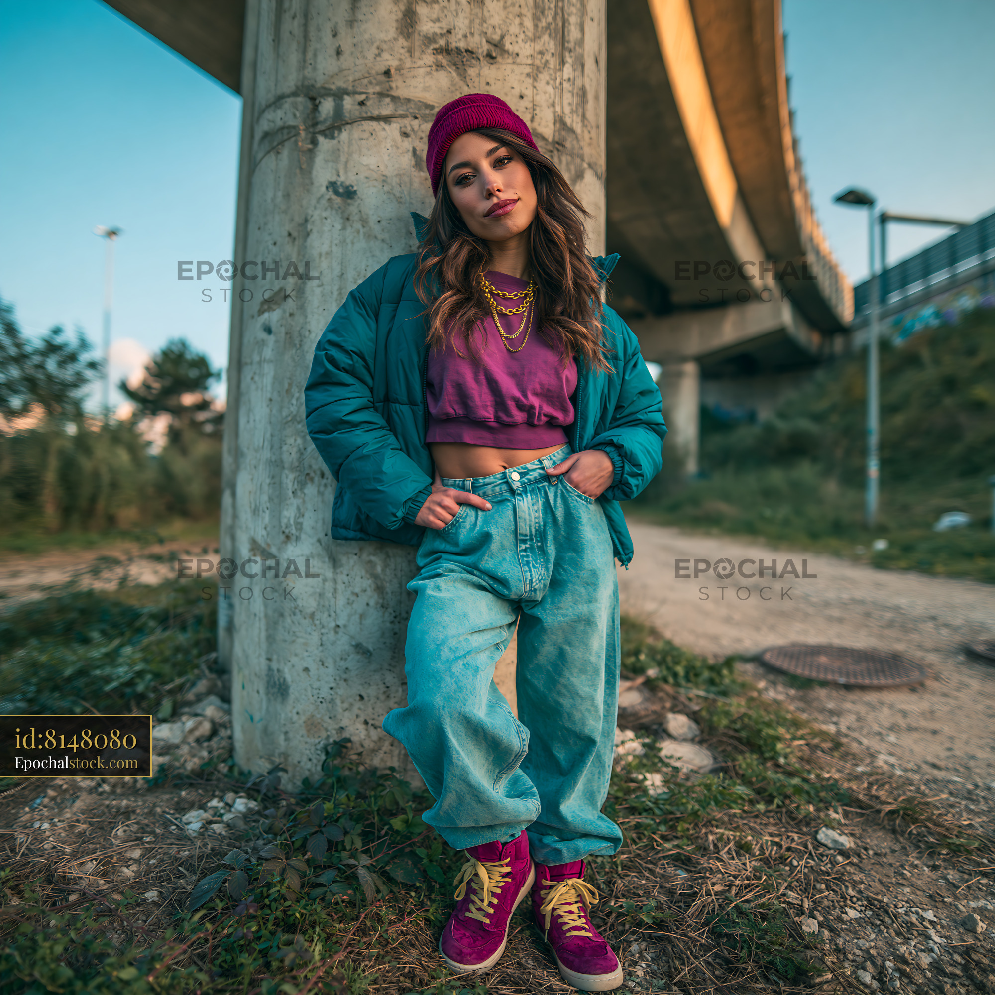 Watermarked full-resolution preview of Stylish woman poses near urban area under elevated road