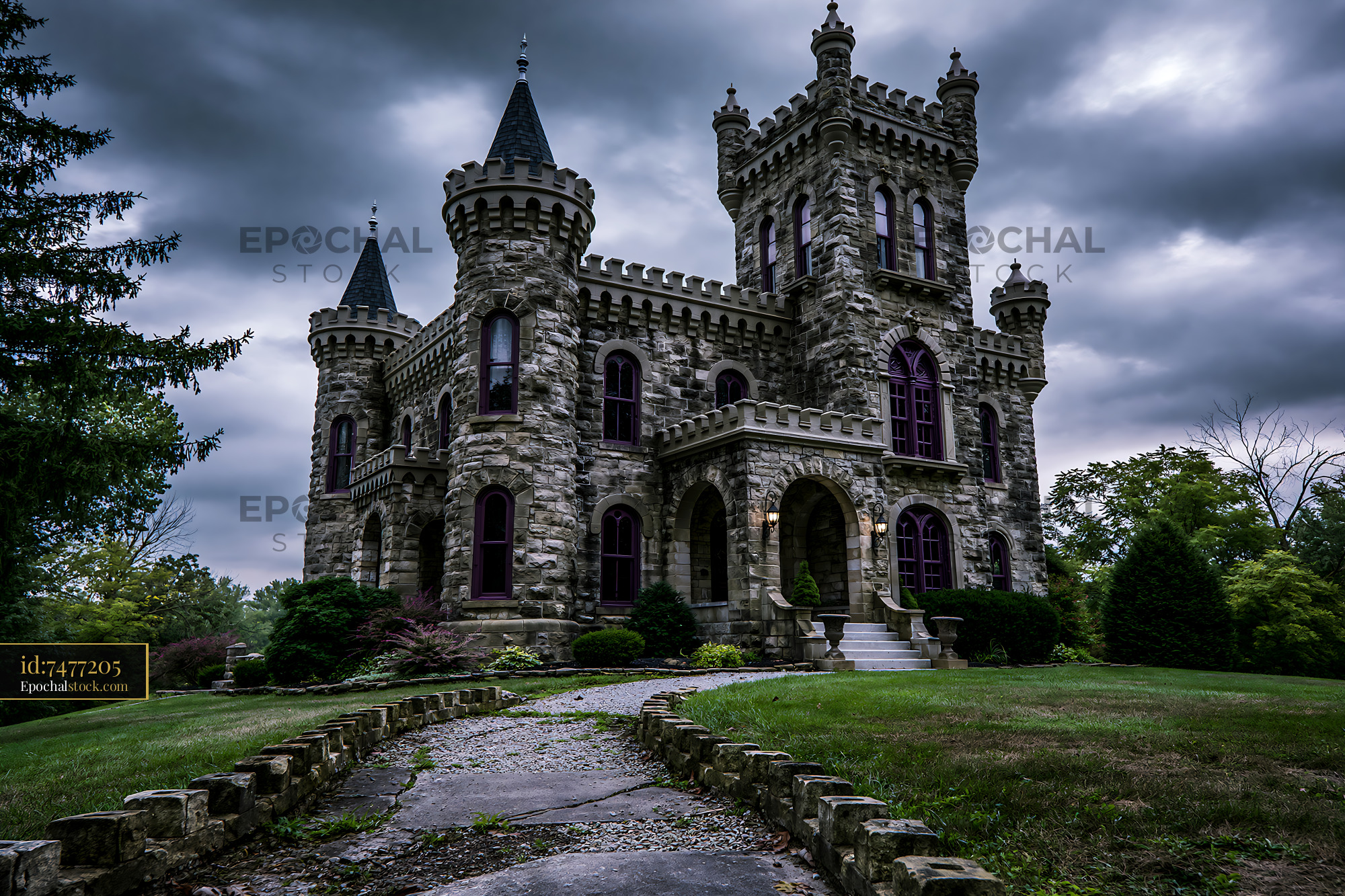 Watermarked full-resolution preview of Old stone castle with turrets under a cloudy sky