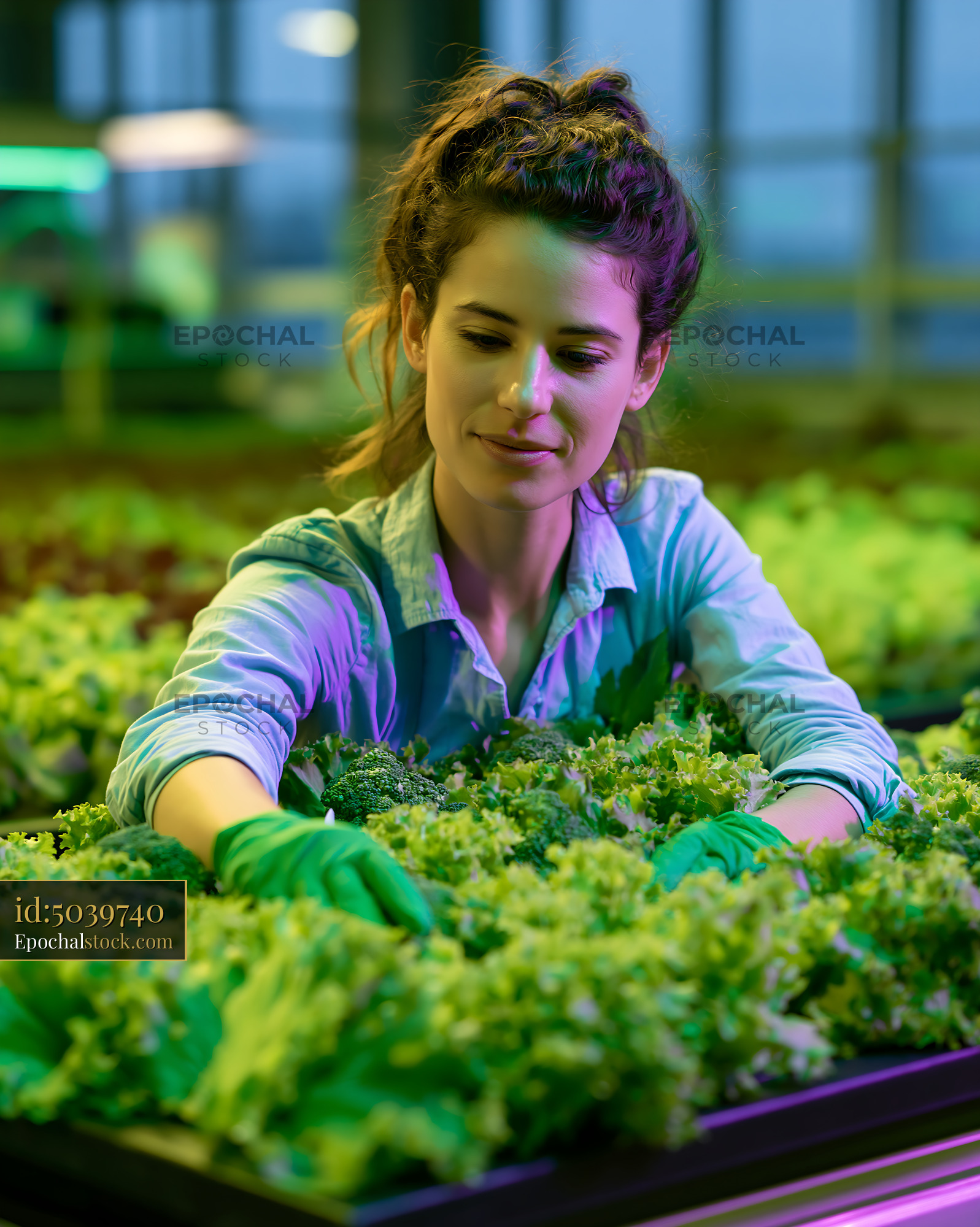 Watermarked full-resolution preview of Woman working in a greenhouse harvesting fresh greens