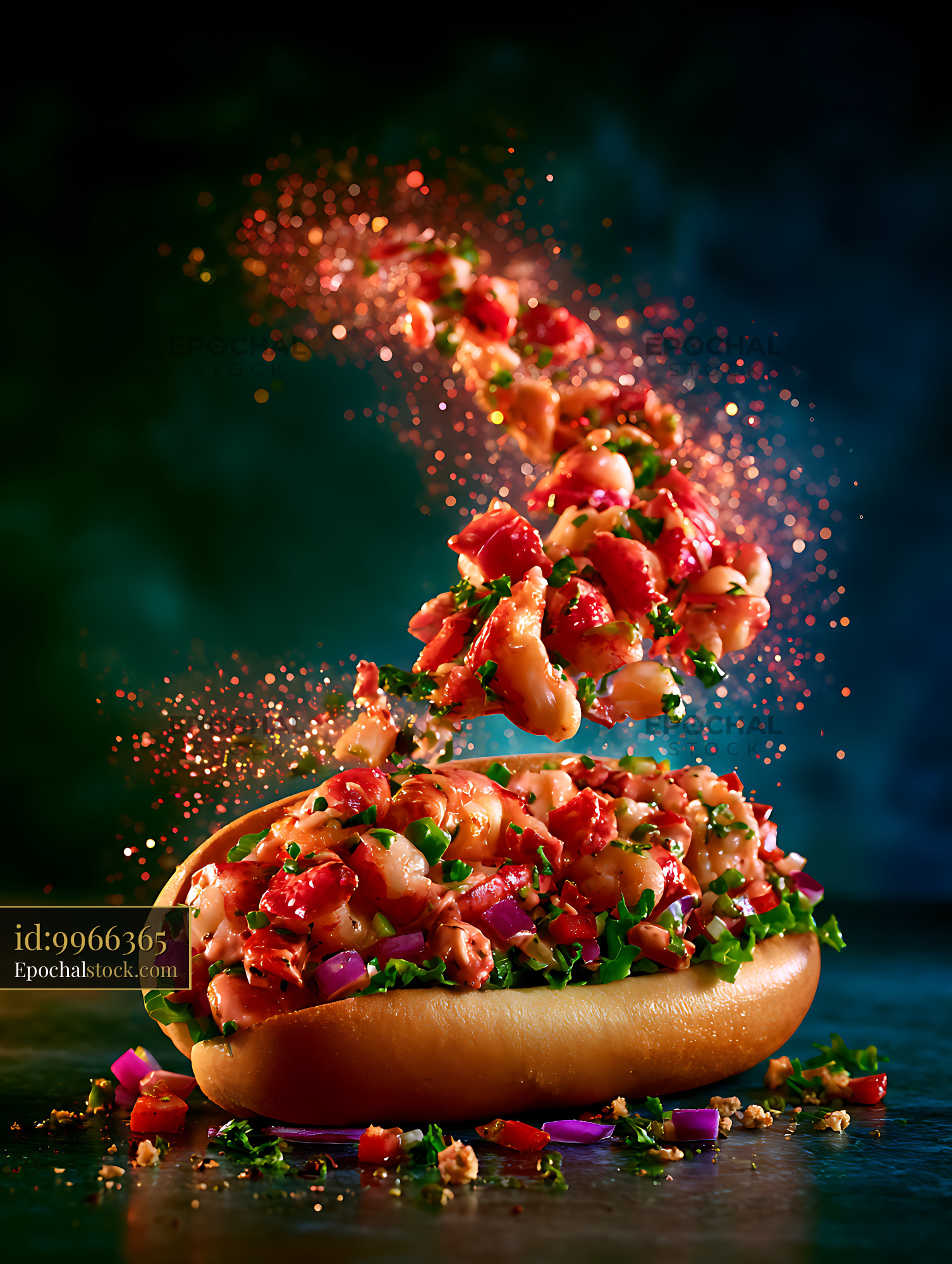 Watermarked full-resolution preview of Colorful loaded hot dog with fresh chopped toppings