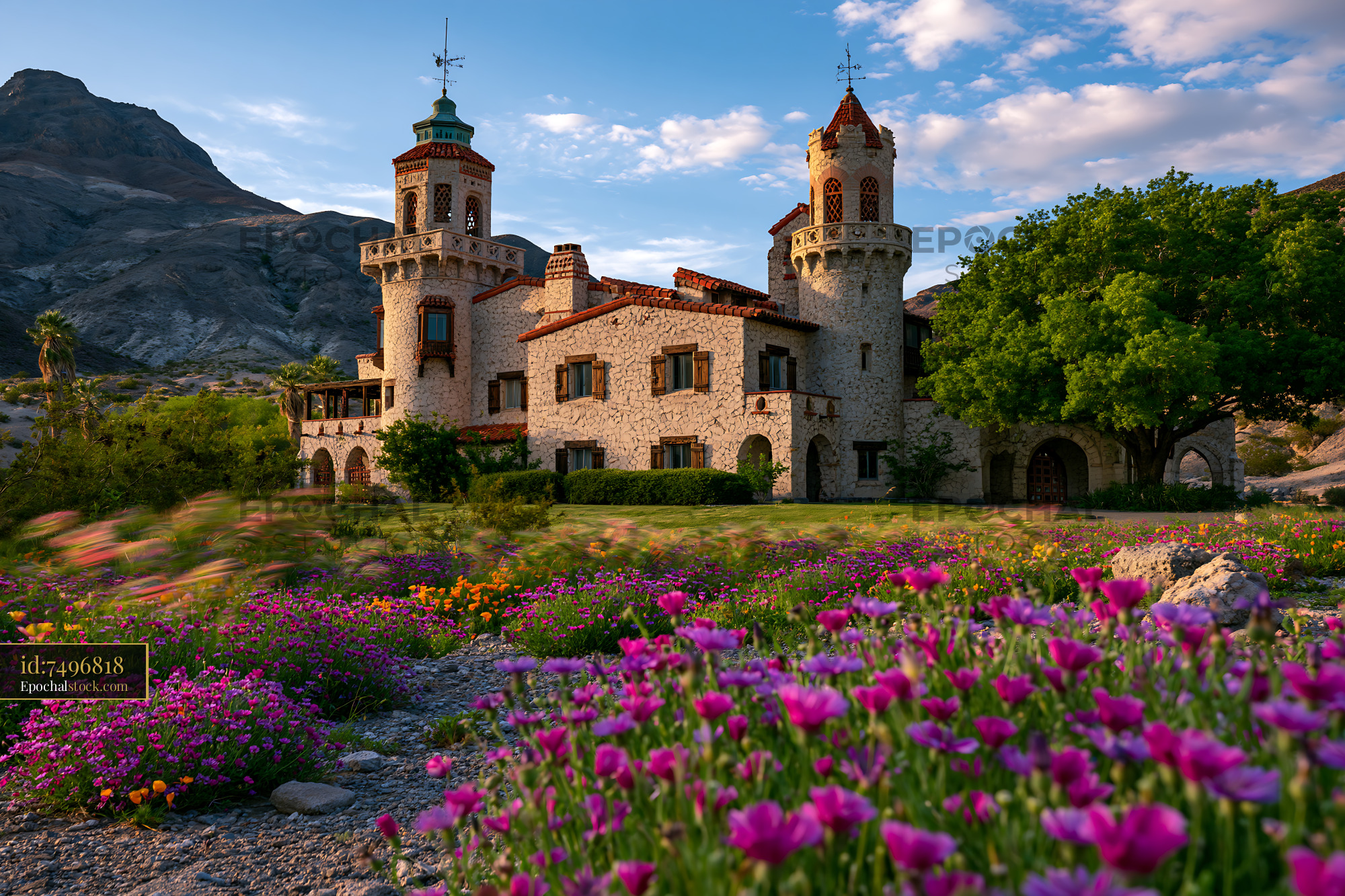 Watermarked full-resolution preview of Historic castle with towers surrounded by colorful flowers