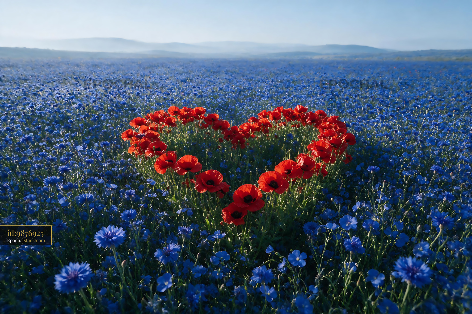 Watermarked full-resolution preview of Red flowers form heart shape in blue field of cornflowers