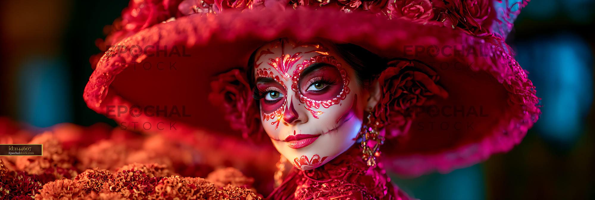 Watermarked full-resolution preview of Woman in sugar skull makeup wearing a large floral hat