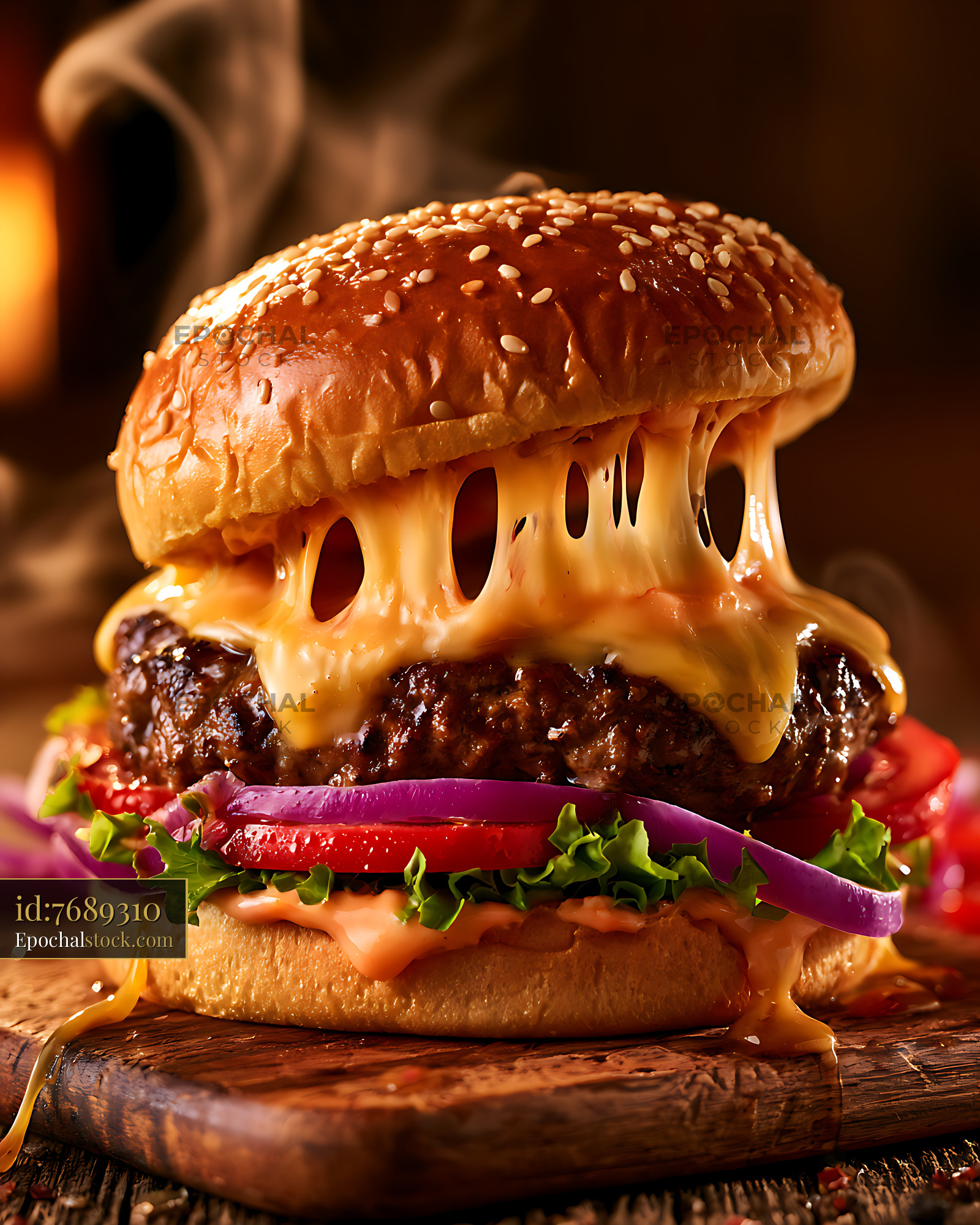 Watermarked full-resolution preview of Melted cheese burger with vegetables on a wooden board