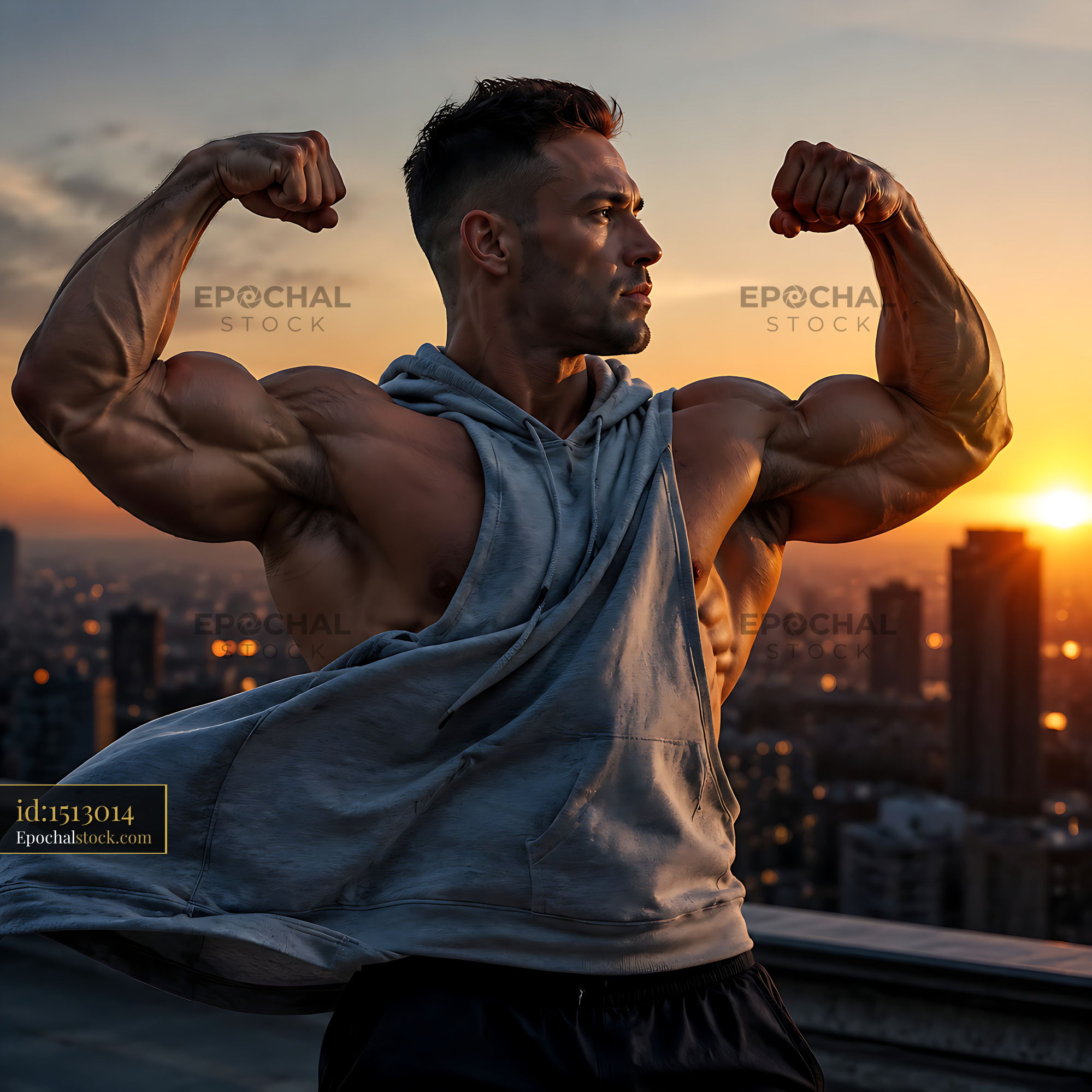 Watermarked full-resolution preview of Man flexes muscles at sunset in urban setting