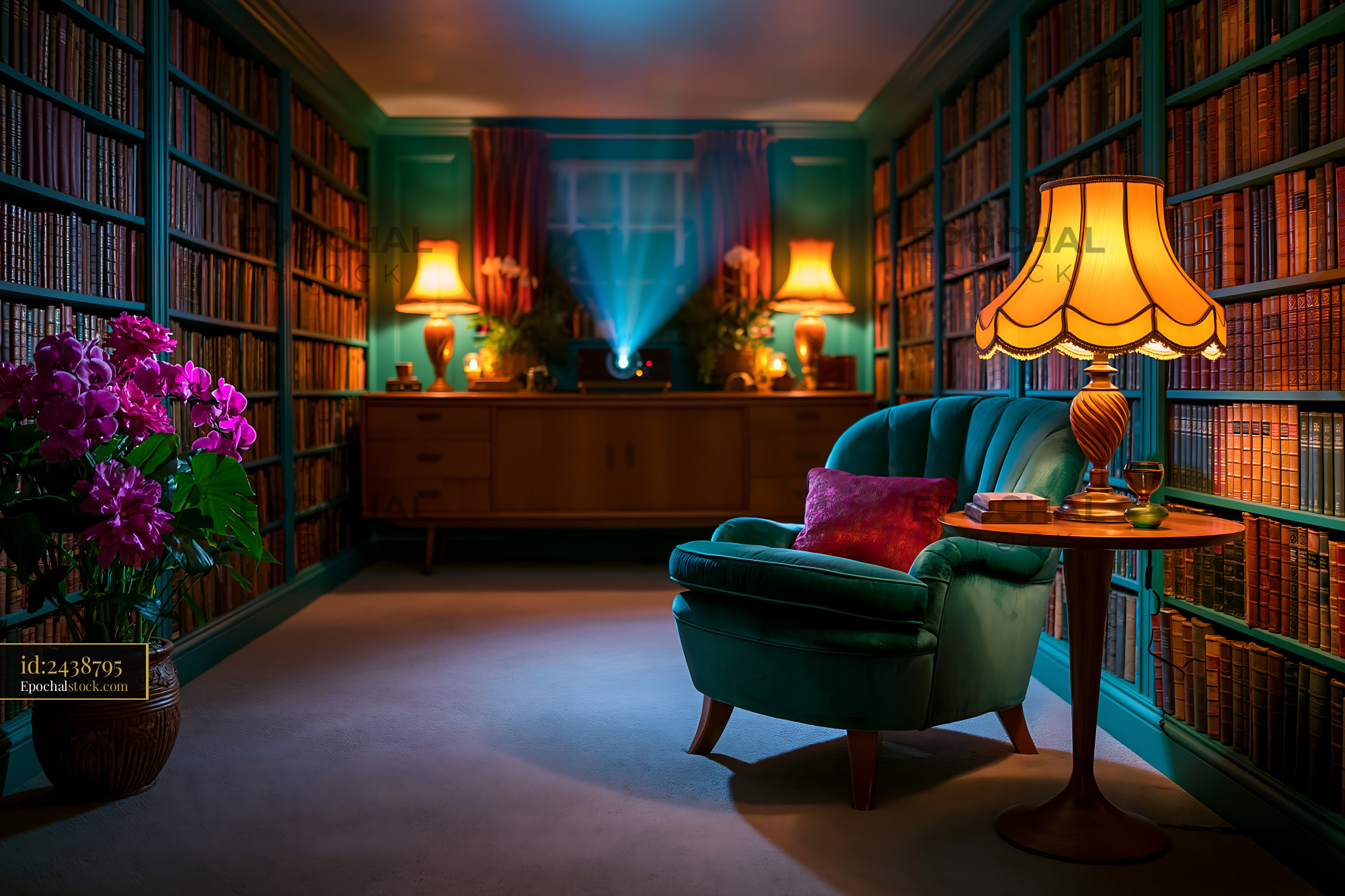 Dark Academia Basement Cinema With Bookshelf and Vintage Decor - stock photo