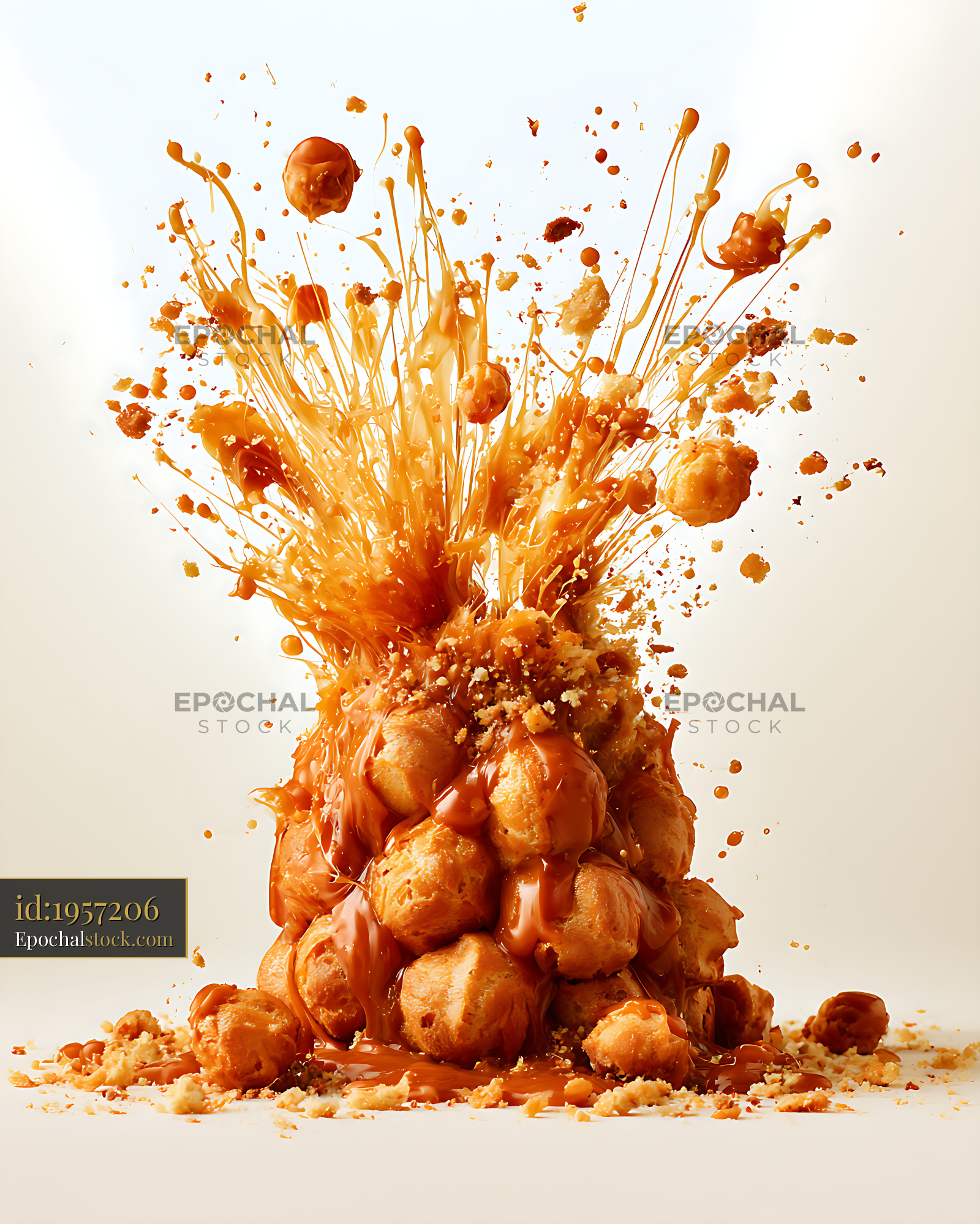 Watermarked full-resolution preview of Caramel-covered profiterole dessert with dramatic splash