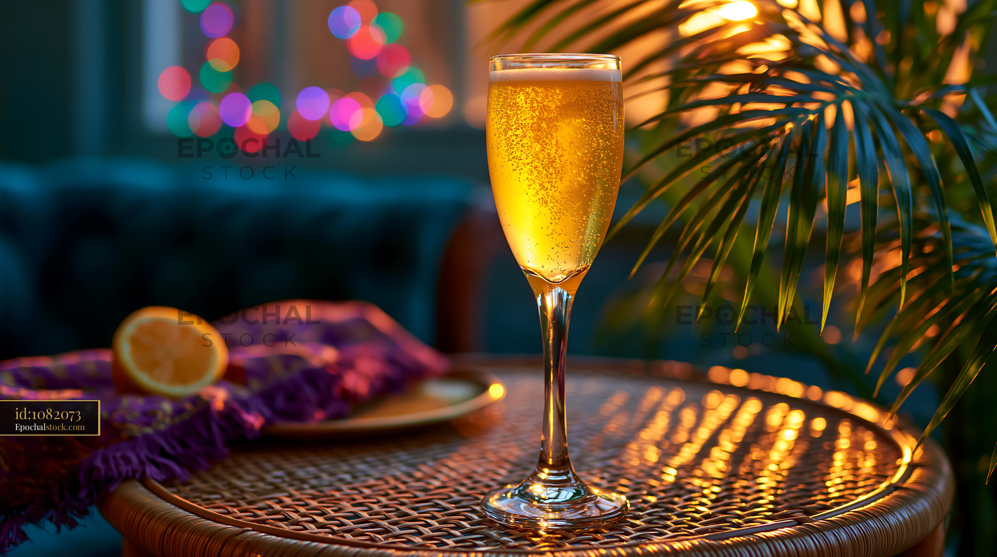 Watermarked full-resolution preview of Golden drink in a glass on a wooden table with festive lights