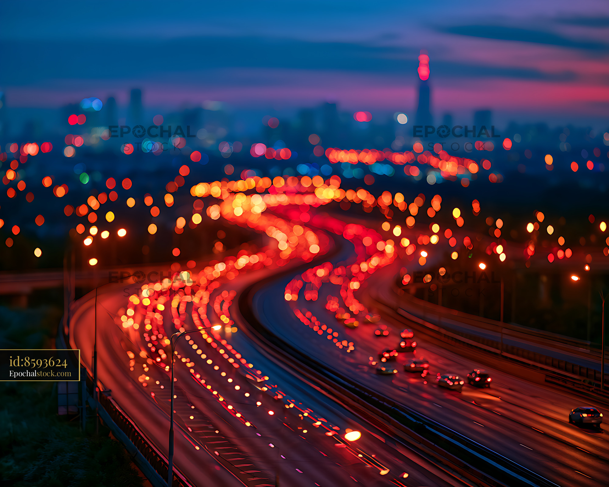 Watermarked full-resolution preview of Colorful traffic light trails on an urban highway