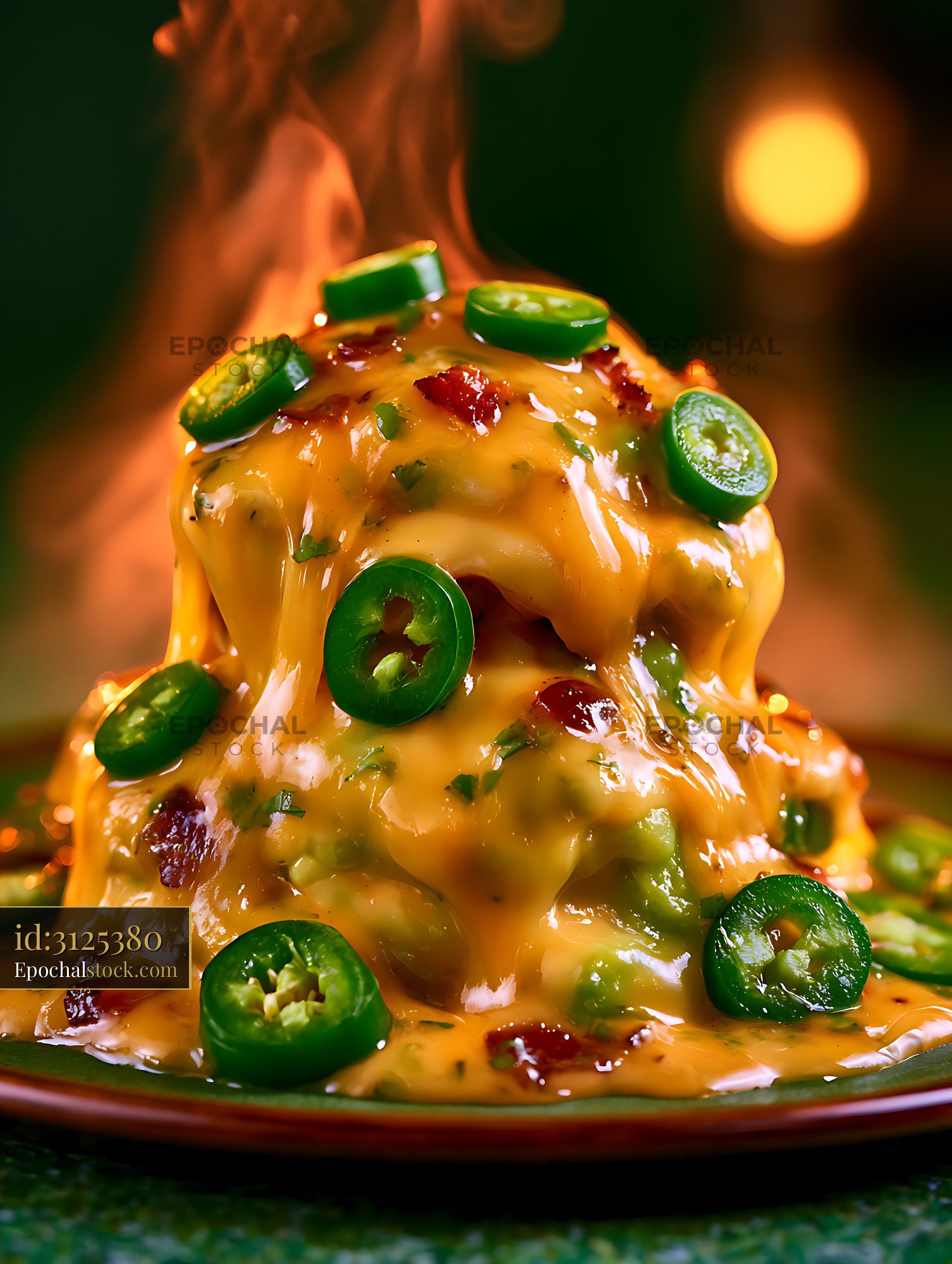Watermarked full-resolution preview of Melted cheese dish with fresh jalapeño slices