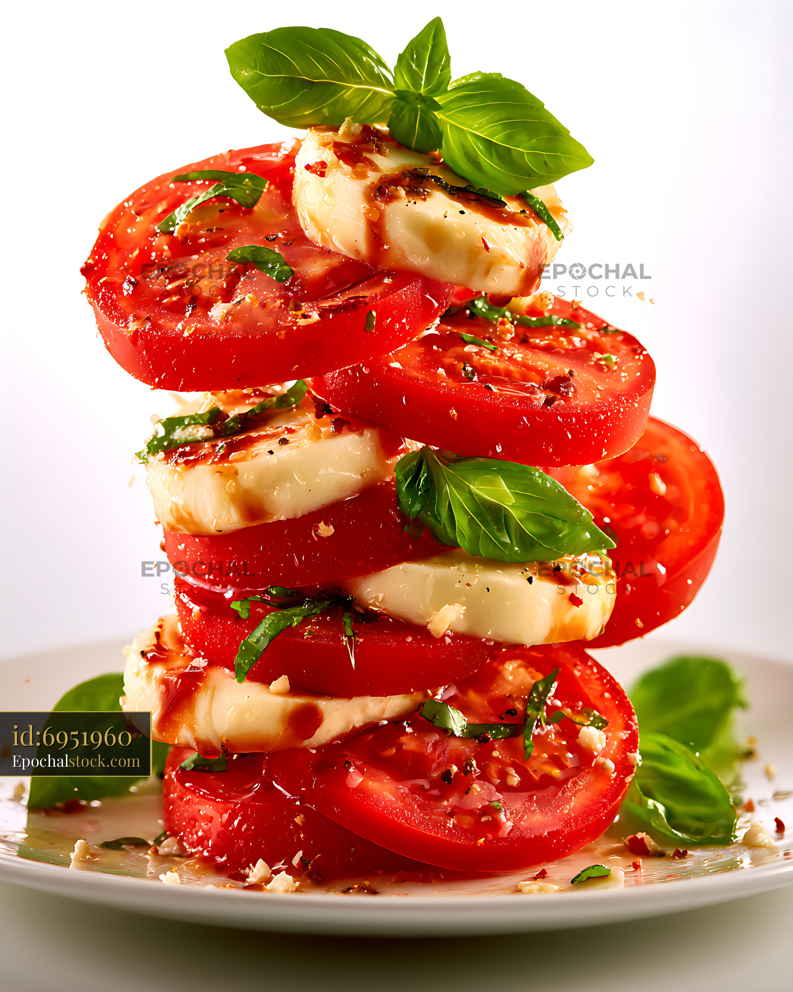 Watermarked full-resolution preview of Fresh stacked tomato mozzarella basil salad