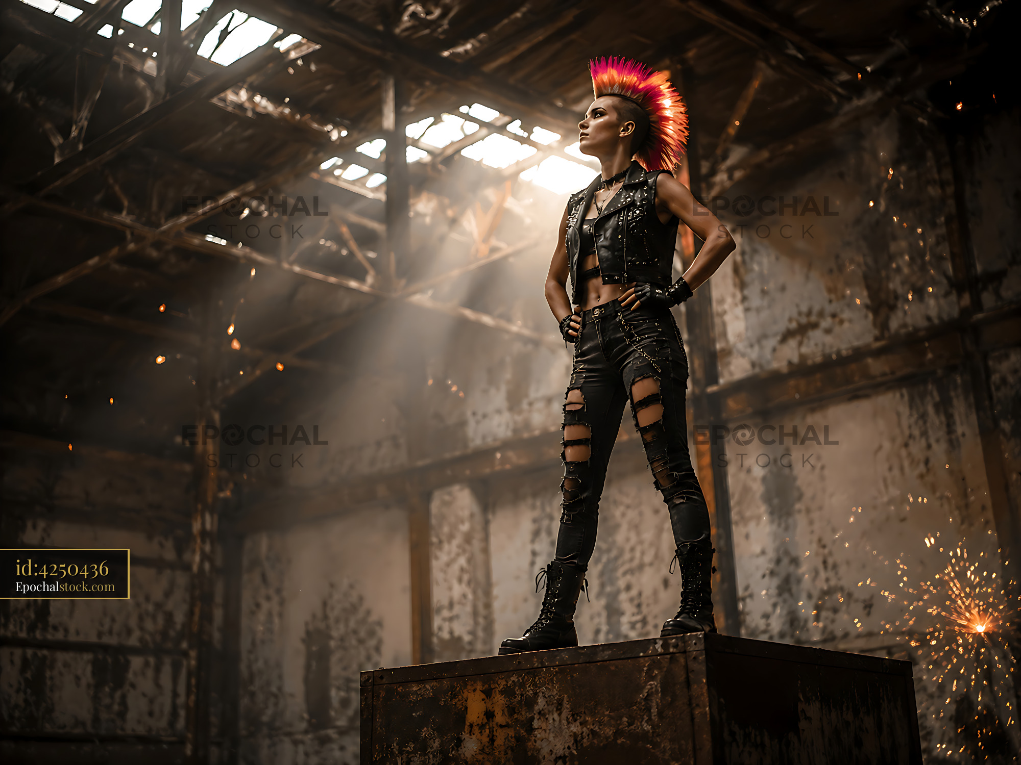 Punk Model Stands on Crate in Industrial Setting With Sparks - stock photo