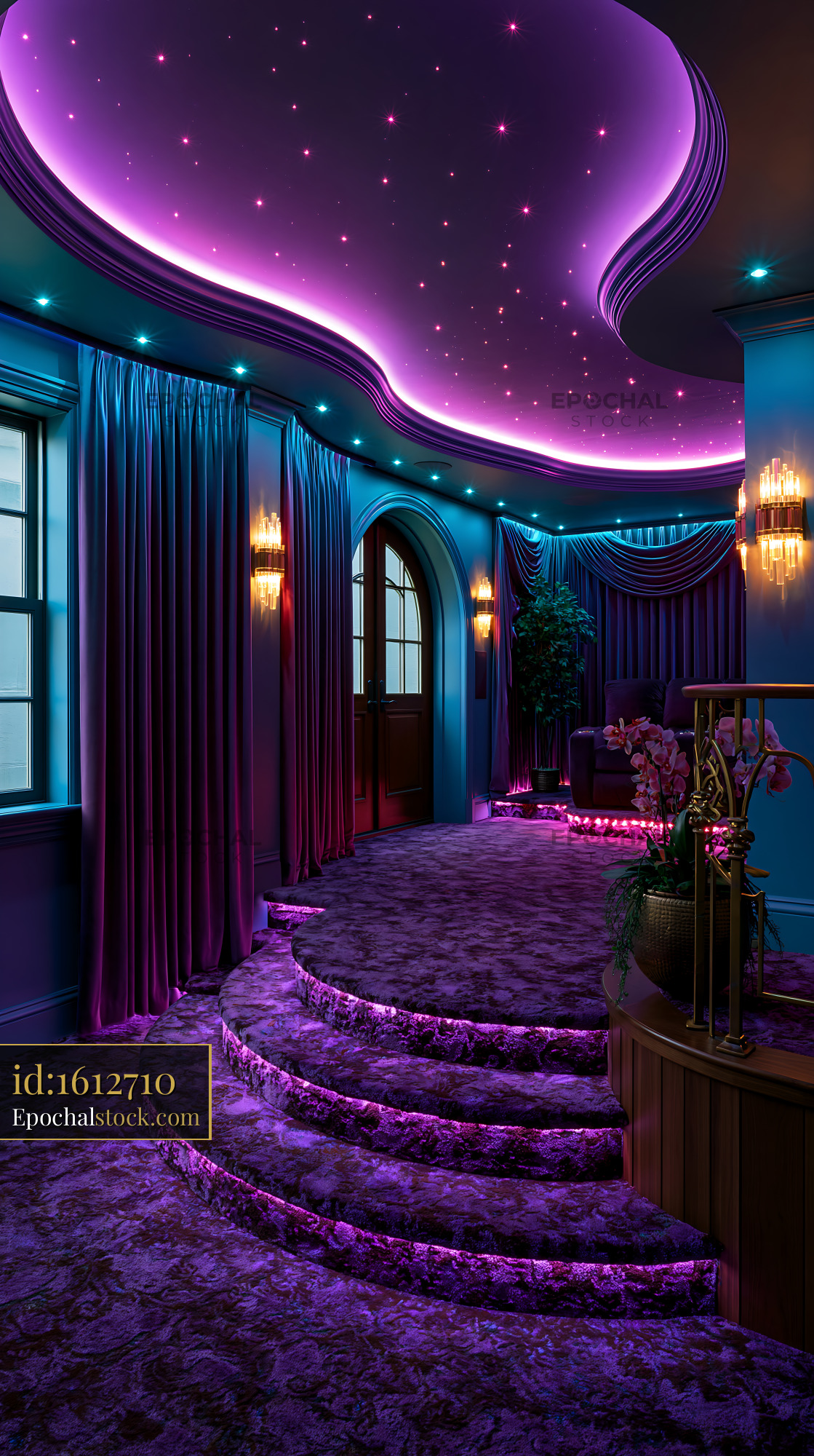 Watermarked full-resolution preview of Modern interior design with purple lighting and elegant curtains