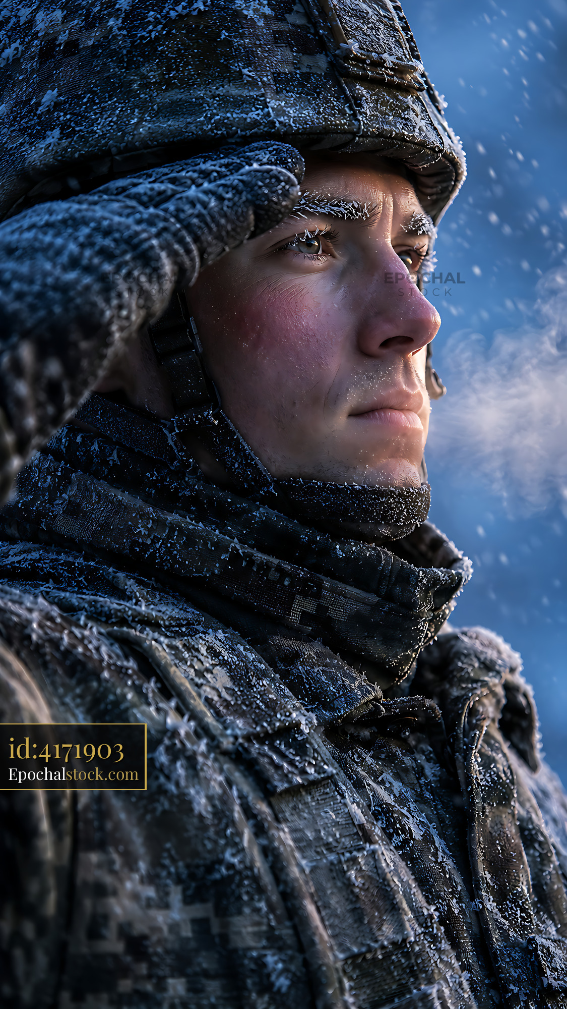 Watermarked full-resolution preview of Soldier saluting in cold weather during winter months